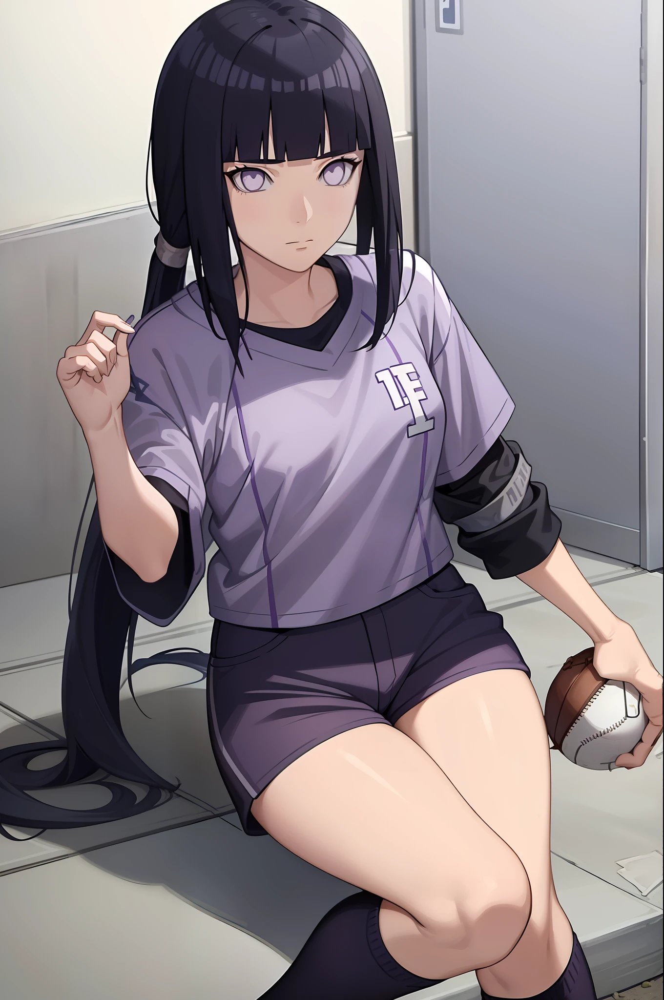 ((masterpiece:1.2, best quality)), hinata/(boruto/),1girl, long hair, dark blue hair, purple eyes, baseball shirt, baseball pants holding a baseball, straight, mature, blunt bangs, medium breast, ponytail