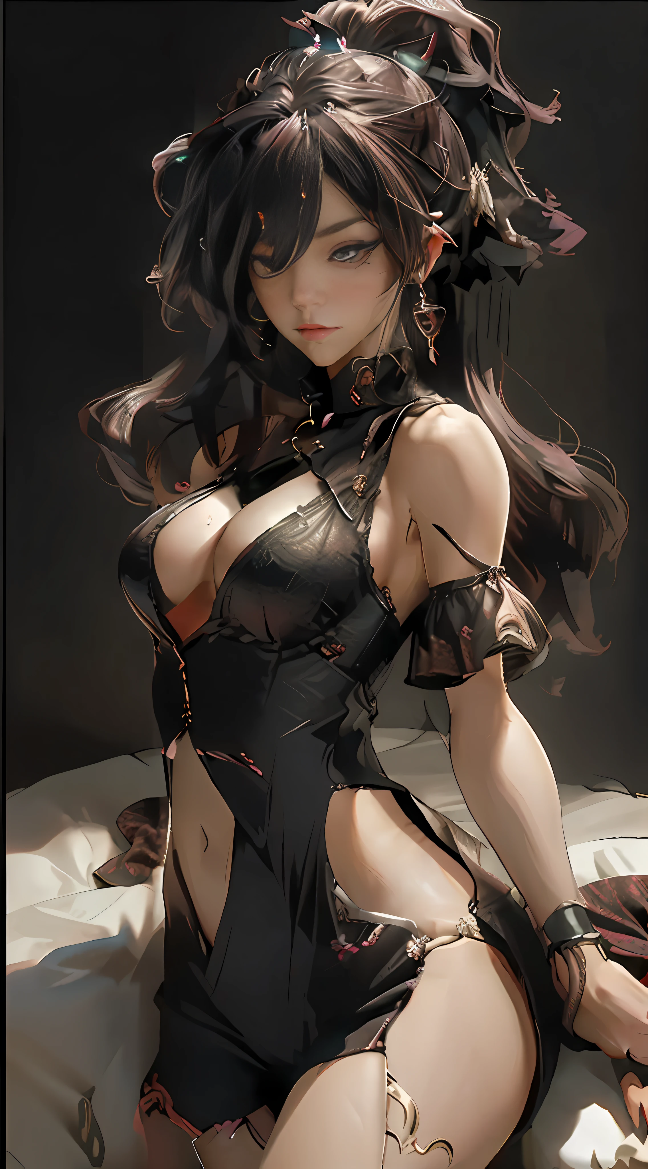 ((Top quality, 8k, Masterpiece: 1.3)), beauty, hidden face, 1 girl, beauty: 1.3, slender abs: 1.1, camisole vest, long black hair, (sitting on bed), ultra-detailed face, highly detailed lips, detailed eyes, double eyelids, white lace, openwork clothes, backless clothes, transparent lingerie, coquettish, big breasts, big breasts, big breasts, big breasts, double breasts, fat buttocks, buttocks, tall figure, sexy stunner? Succubus, succubus, spread legs, young woman, woman, wife, stroking body, two women, two young women, thighs, big breasts, thick legs, pouting, bare ass, lying on the stomach, wearing a collar around the neck, mouth plugging, wife mature woman, sullen, hungry woman, fat ass, ass, open legs, lewd look, sexy thong, masturbation, self-comfort, white skin beautiful long legs,