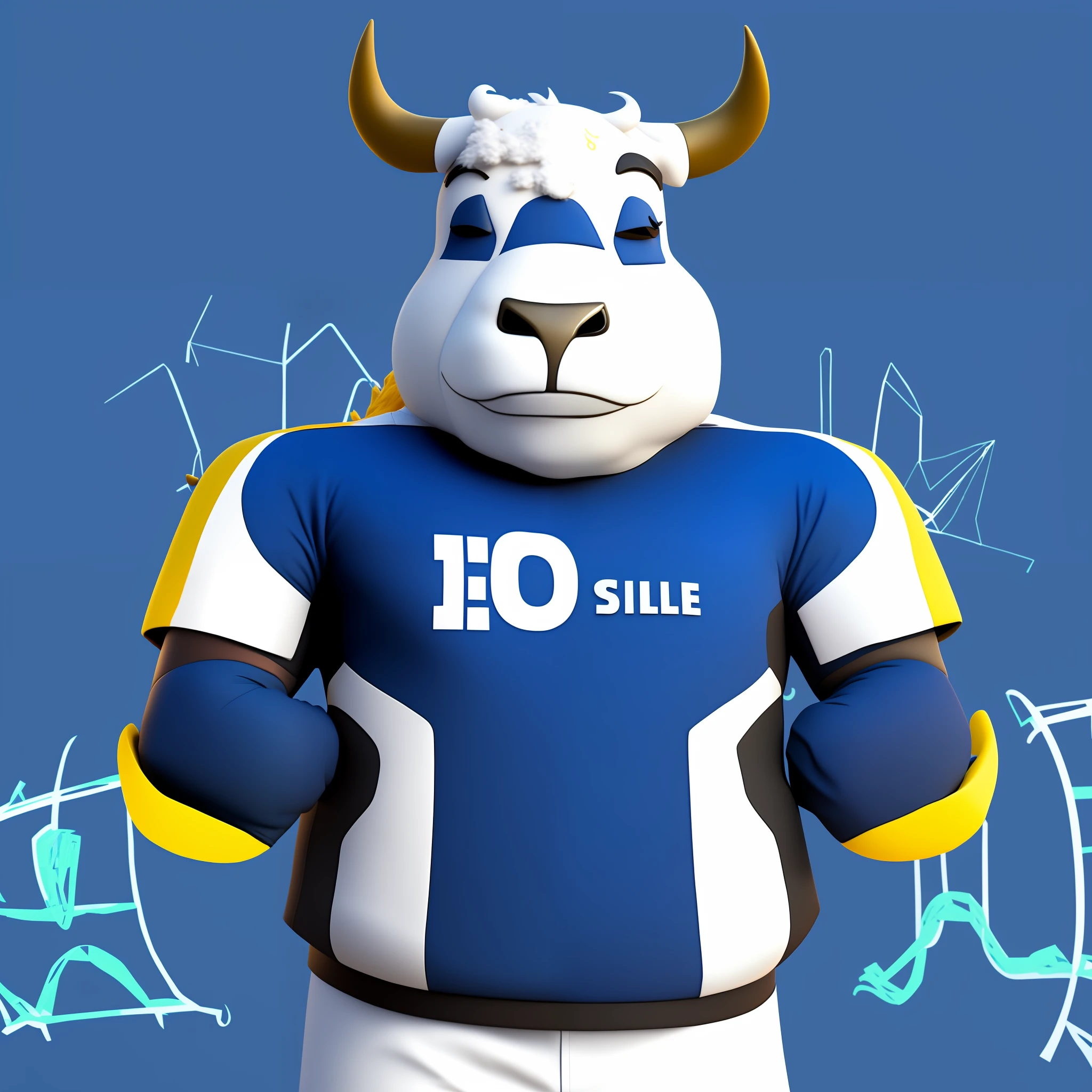Arapei wearing a blue shirt, white and yellow shirt, a cow, a human dressed as a bull, sports team mascot, Moby stills, epic 3 D Oxossi, promotional rendering, portrait shoot, full body mascot, bull head, silo, 2 0 1 4, 2014, sports mascot, single image, advertising photo, cow, full body