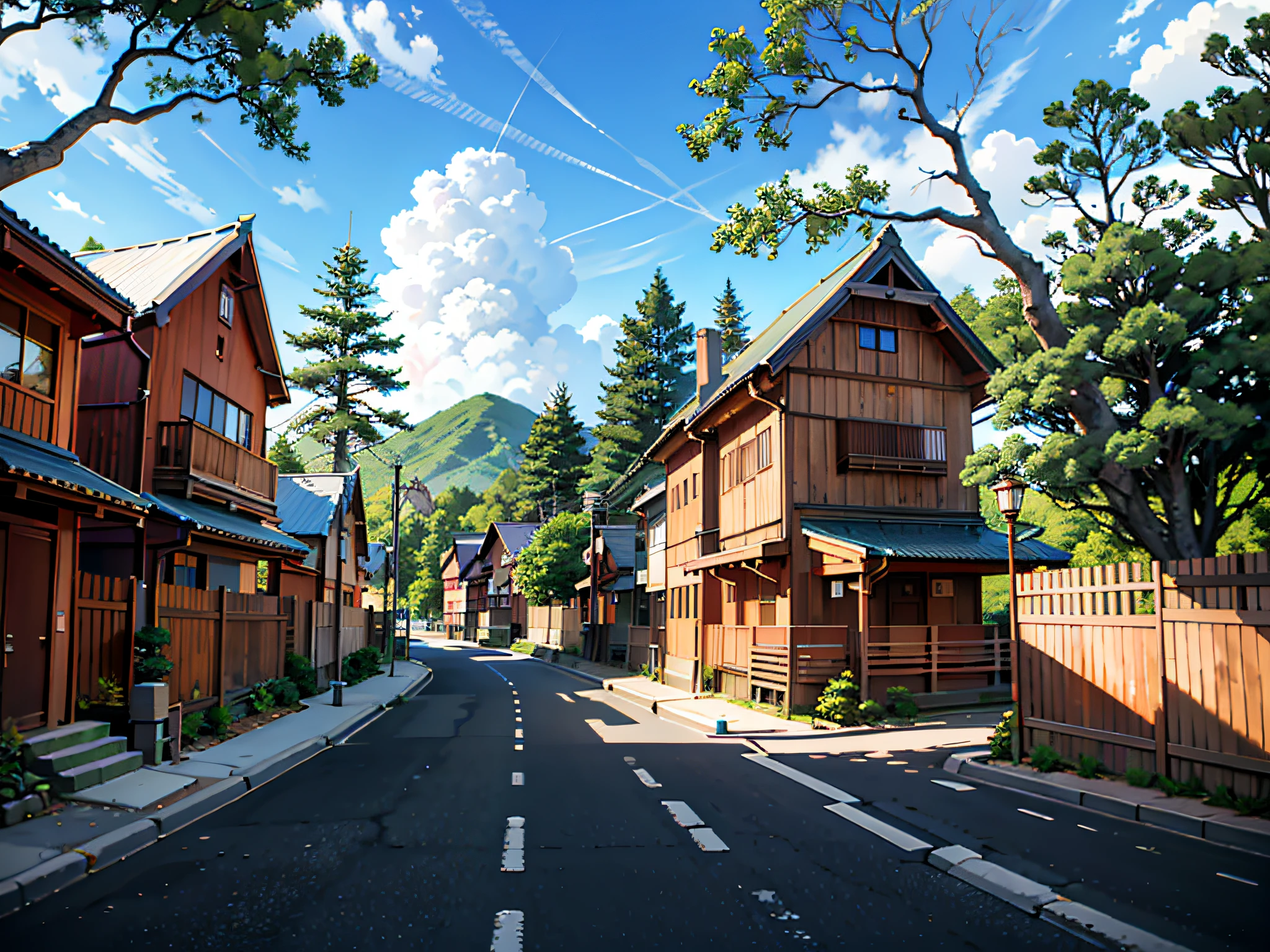 (Japanese town Landscape), (Hayao Miyazaki Style), cartoon, japanese townhouse, road, bend, small house, tree, pole, white cloud, landscape, outdoor, green trees, epic composition, realistic lighting, high-definition detail, masterpiece, the best quality, (very detailed CG unified 8k wallpaper), --v6