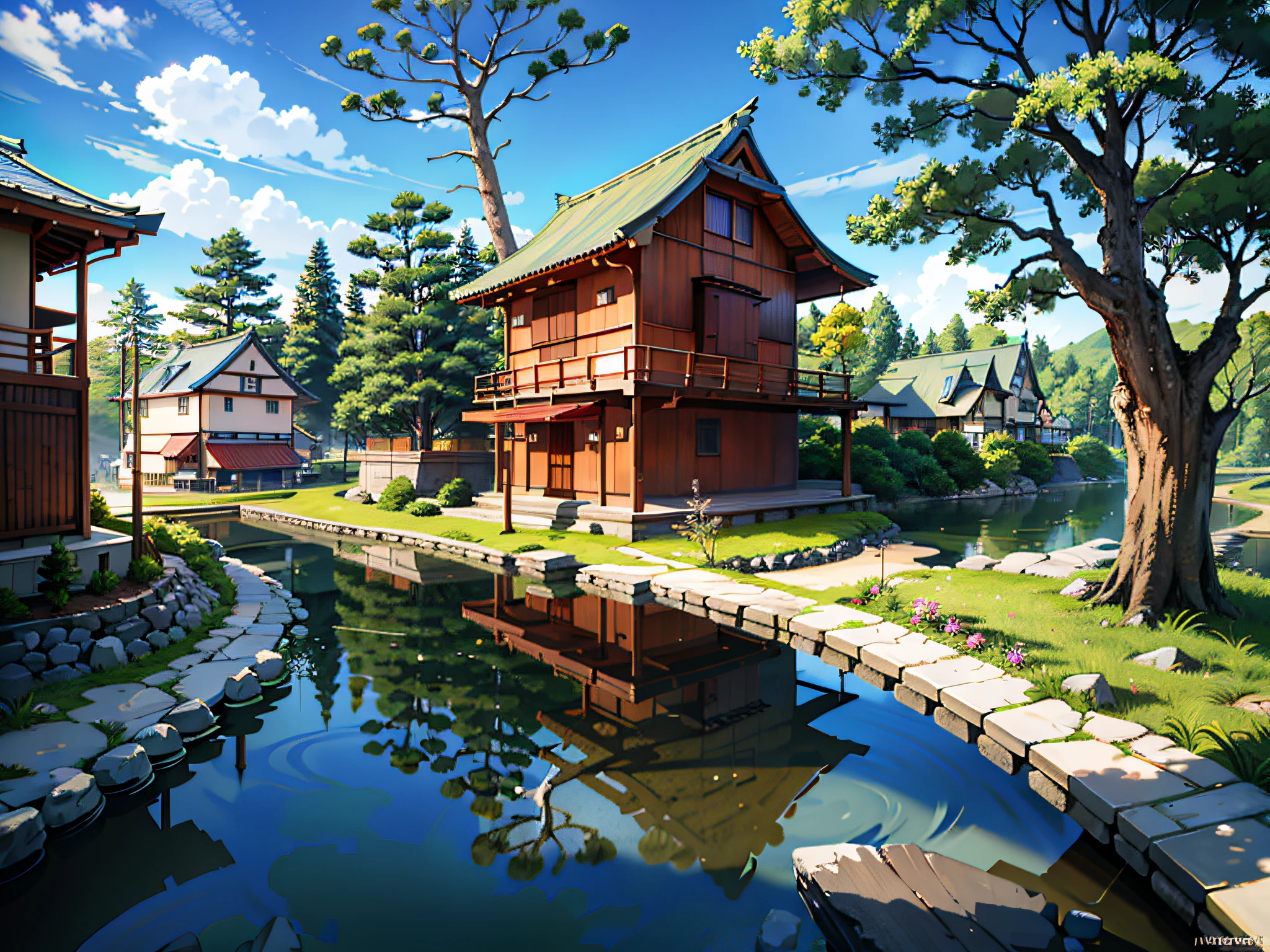 (Japanese town Landscape), (Hayao Miyazaki Style), cartoon, japanese townhouse, road, bend, small house, tree, pole, white cloud, landscape, outdoor, green trees, epic composition, realistic lighting, high-definition detail, masterpiece, the best quality, (very detailed CG unified 8k wallpaper), --v6