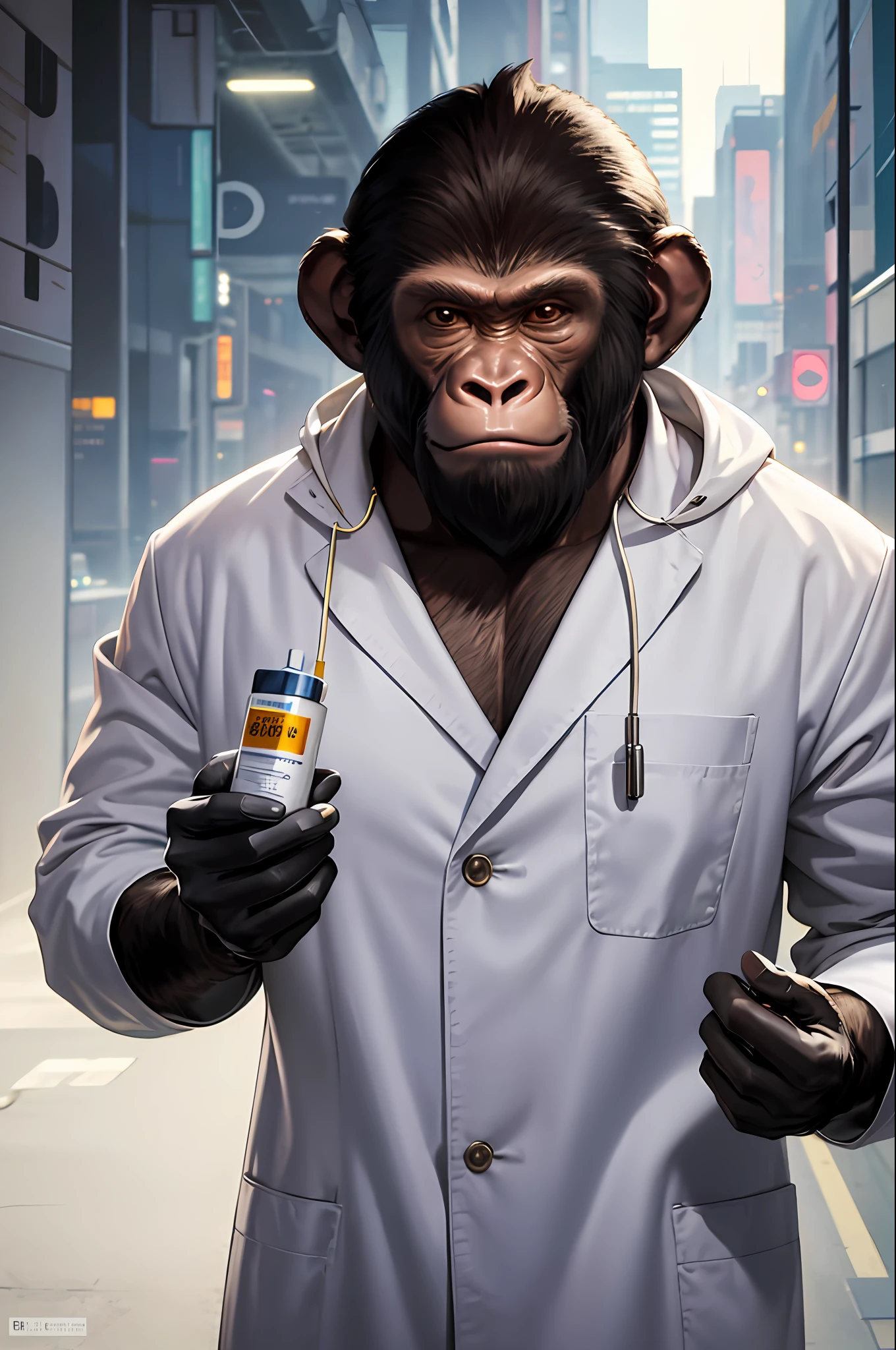 masterpiece, best quality, realistic , elegant monkey, doctor monkey, gorilla, blur, book, cable, cyberpunk, rubber gloves, in white coat, syringe in hand, solo,