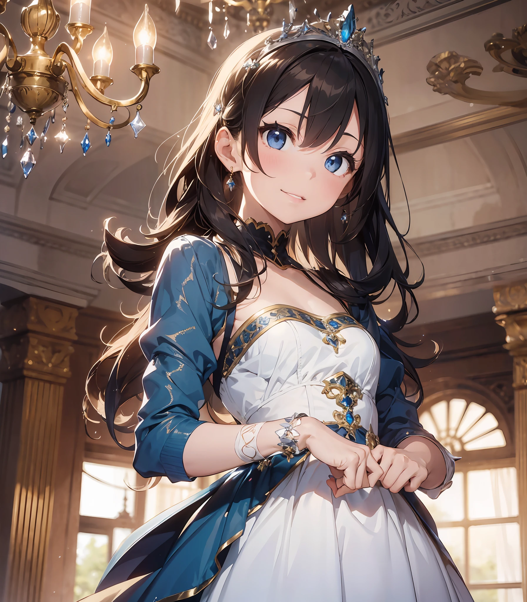 1girl, (solo:1.2), ((masterpiece)), [slim], (small breasts), pale skin, ((detailed eyes)), (background blur), (dynamic angle), dynamic pose, high cheekbones, striking blue eyes, a mischievous smile, soft and dewy skin, wavy blonde hair, wearing a sweeping ball gown, sparkling jewelry and holding a small, elegant fan in an opulent ballroom with towering ceilings and crystal chandeliers, bathed in the soft glow of candlelight