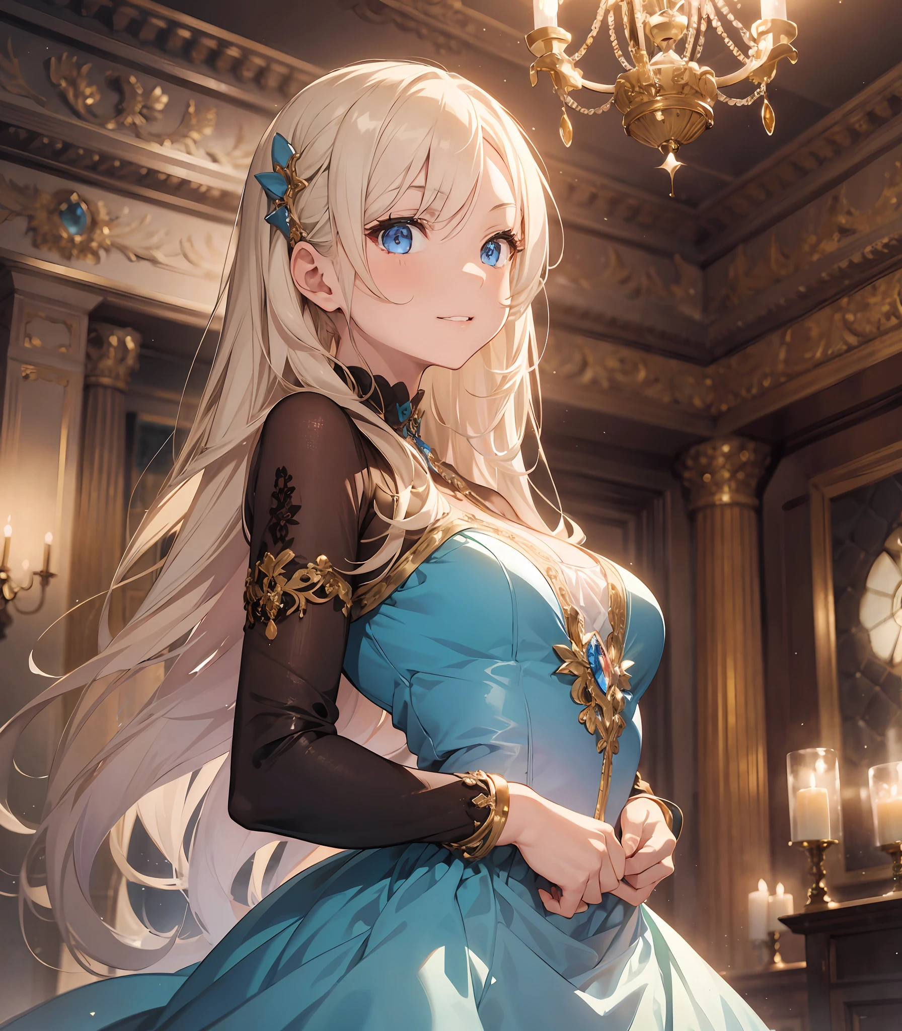 1girl, (solo:1.2), ((masterpiece)), [slim], (small breasts), pale skin, ((detailed eyes)), (background blur), (dynamic angle), dynamic pose, high cheekbones, striking blue eyes, a mischievous smile, soft and dewy skin, wavy blonde hair, wearing a sweeping ball gown, sparkling jewelry and holding a small, elegant fan in an opulent ballroom with towering ceilings and crystal chandeliers, bathed in the soft glow of candlelight