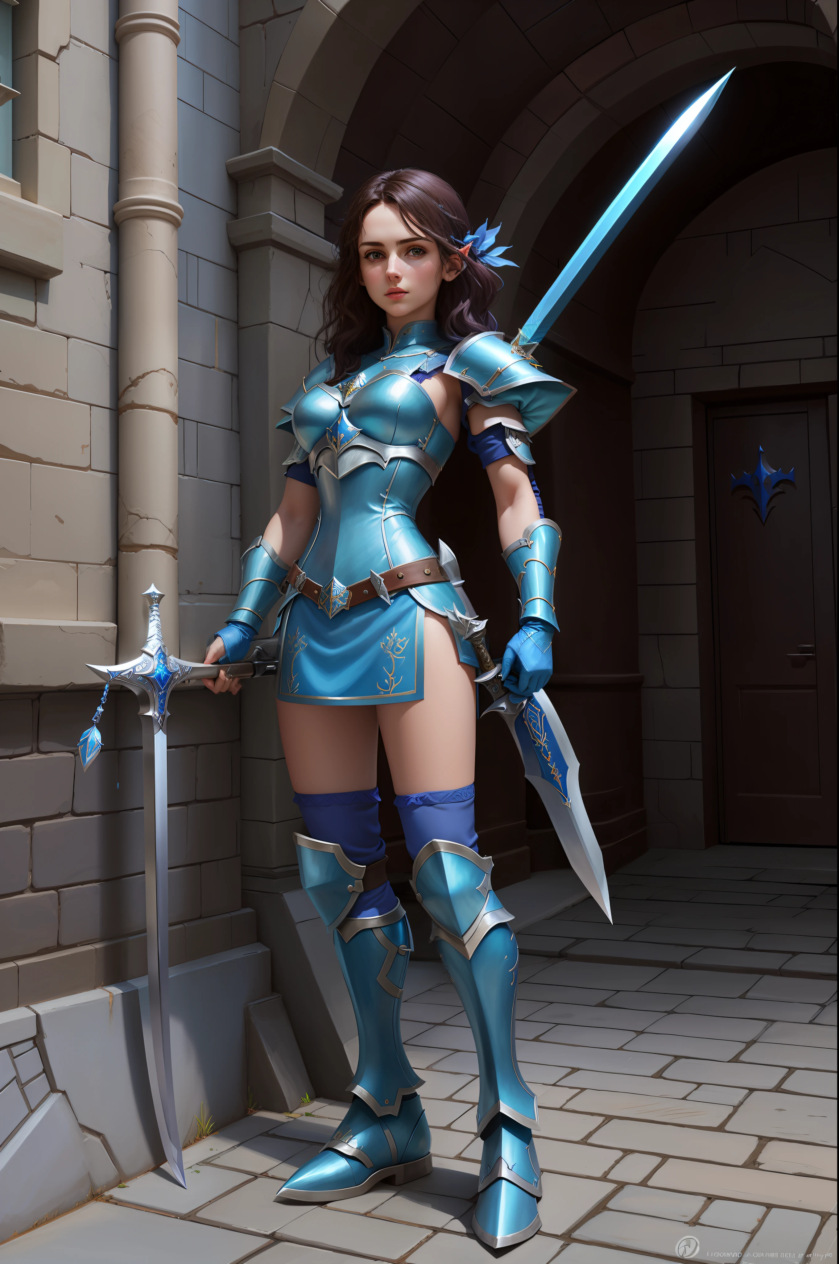 arafed woman in blue outfit holding a sword and standing in front of a building, blue armor, pale blue armor, pvc armor, elf princess knight, knights of zodiac girl, girl in knight armor, alluring elf princess knight, armor girl, ( highly detailed figure ), bikini armor female knight, female knight, fantasy paladin woman, blue leather armor --auto --s2