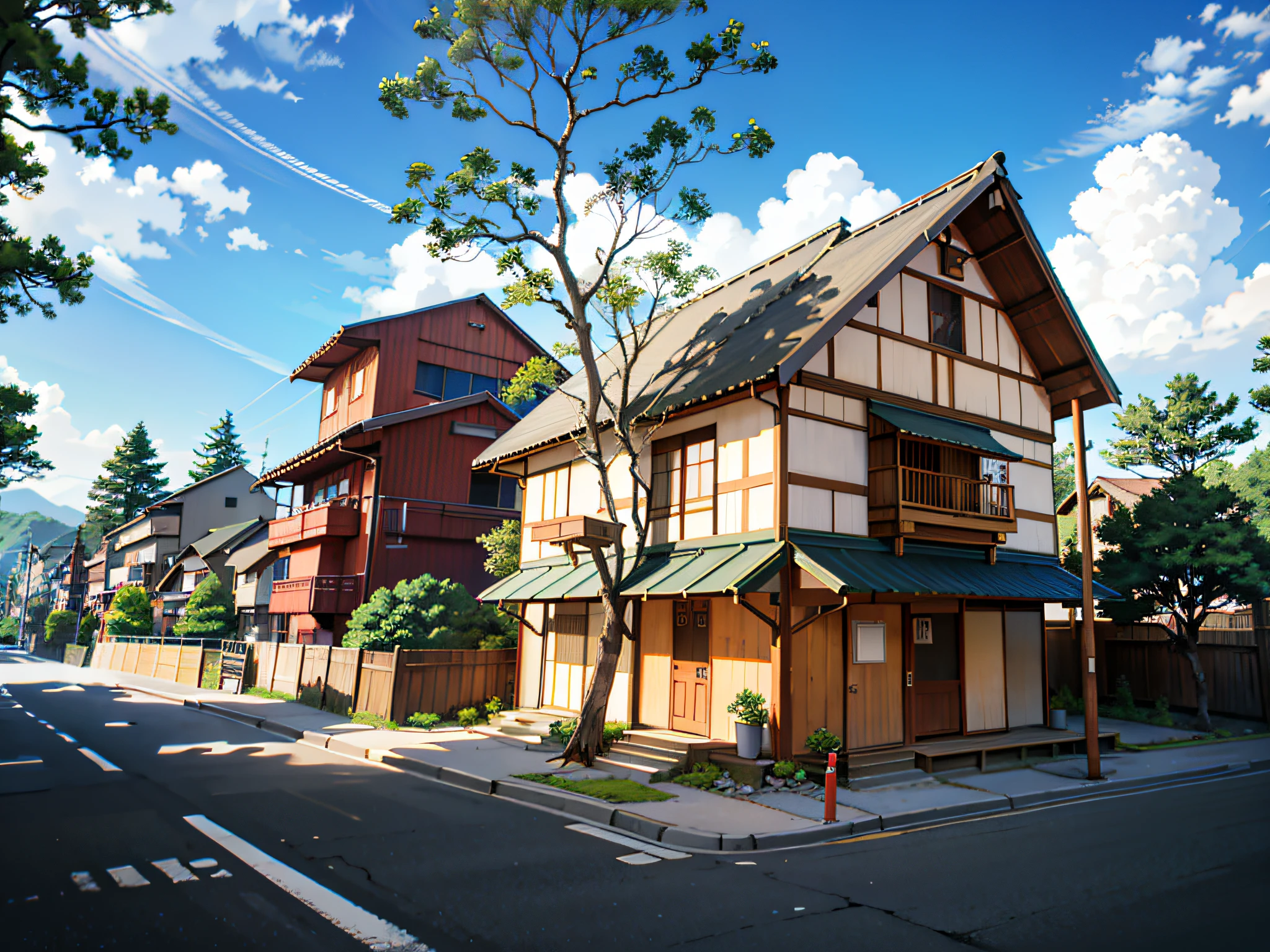 (Japanese town Landscape), (Hayao Miyazaki Style), cartoon, japanese townhouse, (rarely house), road, bend, small house, tree, pole, white cloud, calm landscape, outdoor, green trees, epic composition, realistic lighting, high-definition detail, masterpiece, the best quality, (very detailed CG unified 8k wallpaper), --v6