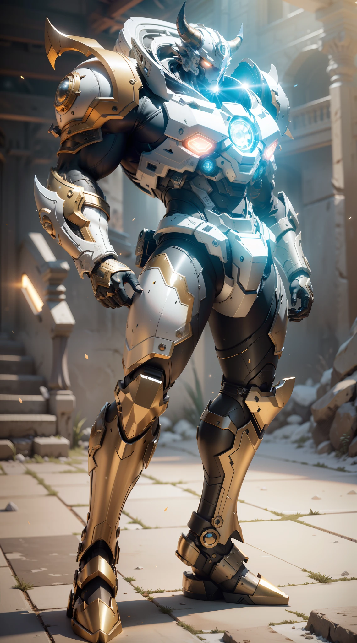 ((Best Quality)), ((Masterpiece)), (Very detailed: 1.3), 3D, Shitu-mecha, Full body, 1 strong man, angry, short hair, muscle lines, wearing golden gorgeous armor, horn helmet, (with cowhide feature pattern on clothes), ancient technology, HDR (high dynamic range), ray tracing, NVIDIA RTX, super resolution, Unreal 5, subsurface scattering, PBR texture, post-processing, anisotropic filtering, depth of field, Maximum sharpness and acutance, multi-layer textures, albedo and specular maps, surface shading, accurate simulation of light-material interactions, perfect proportions, octane rendering, duotone lighting, low ISO, white balance, rule of thirds, wide aperture, 8K RAW, high efficiency sub-pixels, subpixel convolution, luminous particles, light scattering, Tyndall effect