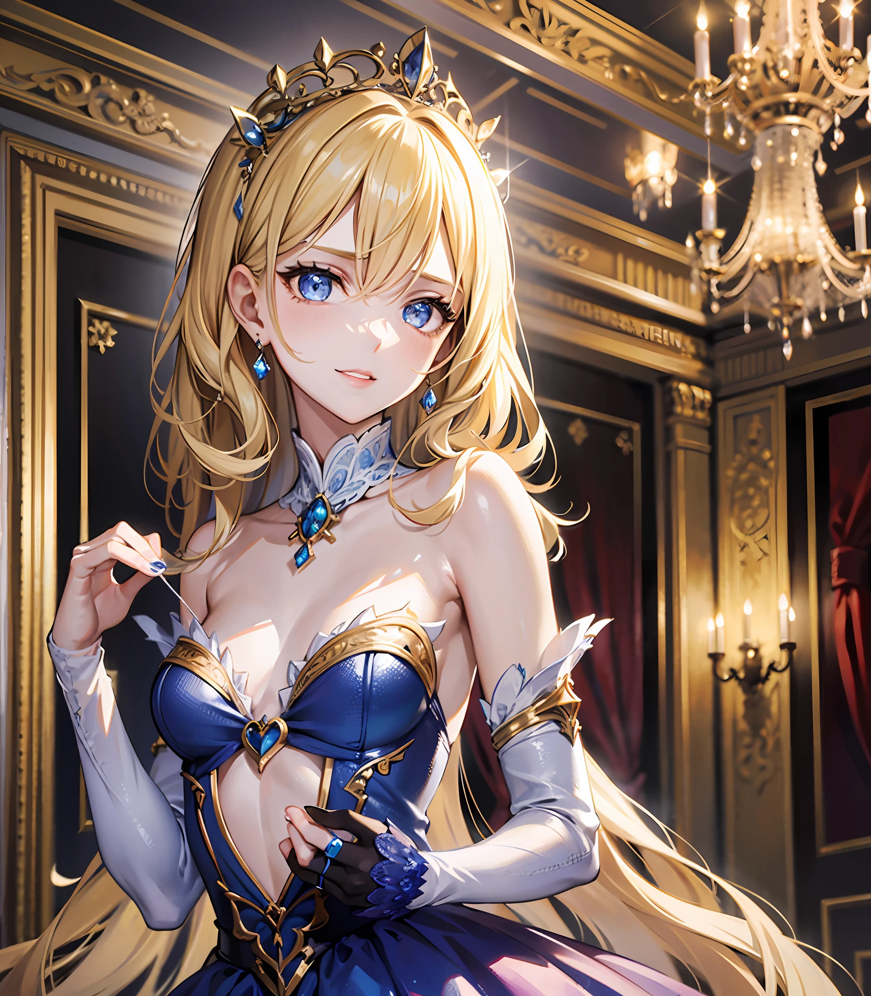 1girl, (solo:1.2), ((masterpiece)), [slim], (small breasts), pale skin, ((detailed eyes)), (background blur), (dynamic angle), dynamic pose, high cheekbones, striking blue eyes, a mischievous smile, soft and dewy skin, wavy blonde hair, wearing a sweeping ball gown, sparkling jewelry and holding a small, elegant fan in an opulent ballroom with towering ceilings and crystal chandeliers, bathed in the soft glow of candlelight