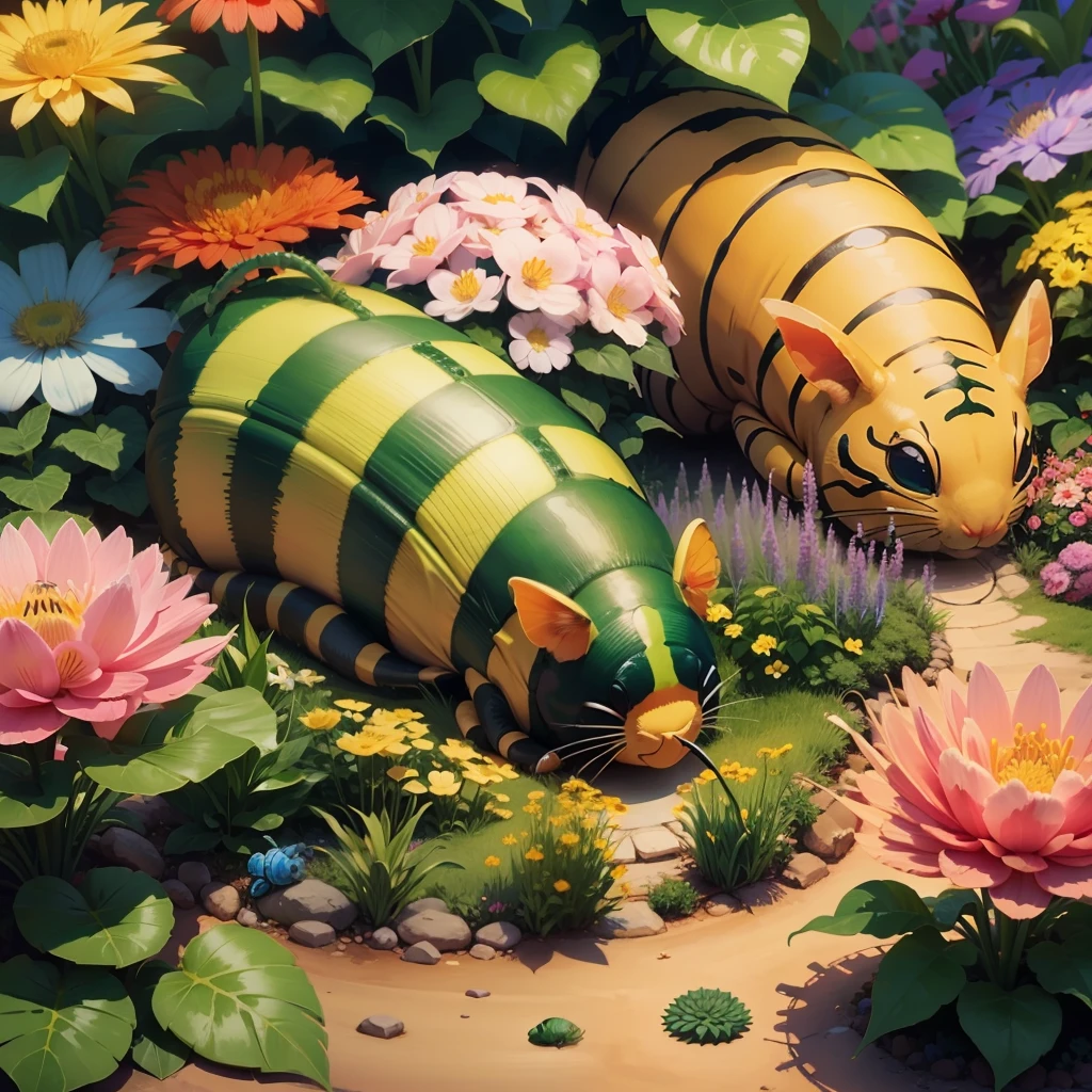 a caterpillar in a beautiful garden, surrounded by colorful flowers and lush plants --auto --s2