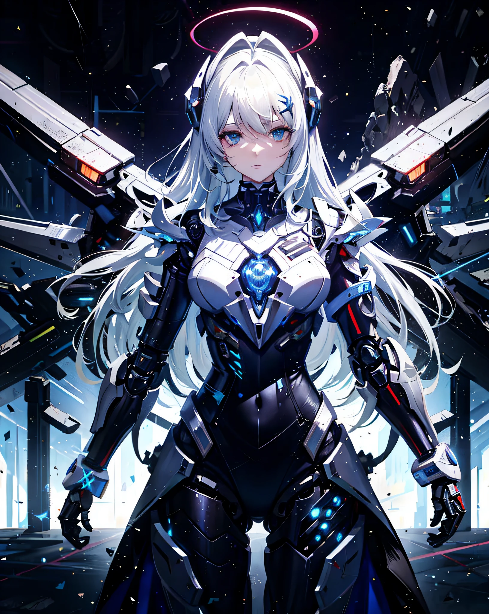 a woman in a futuristic suit with wings and a halo, girl in mecha cyber armor, cyberpunk anime girl mech, anime mecha aesthetic, perfect anime cyborg woman, anime robotic mixed with organic, anime cyborg, cyborg - girl, mechanized valkyrie girl, mecha asthetic, digital cyberpunk anime art, beutiful white girl cyborg, modern sci-fi anime