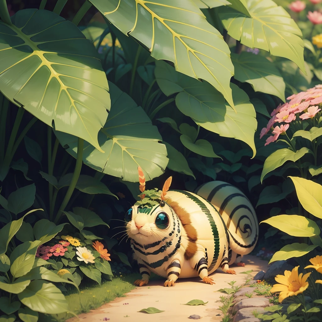 a caterpillar in a beautiful garden, surrounded by colorful flowers and lush plants --auto --s2