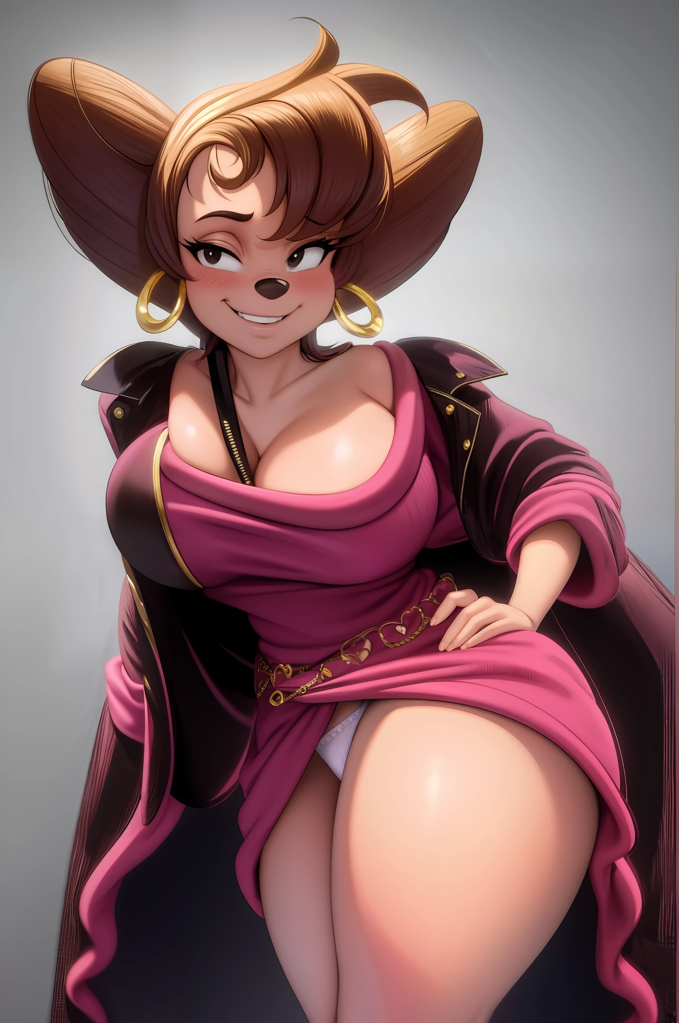 masterpiece, best quality, one girl, solo, detailed face, looking at the viewer, black eyes, seductive smile, left hand on hip, right hand behind head, gold hoop earrings, cleavage, 5 fingers,
Detailed skin texture, (blush:0.5), (goosebumps:0.5), subsurface scattering, detailed skin texture, (blush:0.2), (goosebumps:0.3), subsurface scattering, sexual expression, panties, long stockings, pink shirt, blush, hearts in eyes