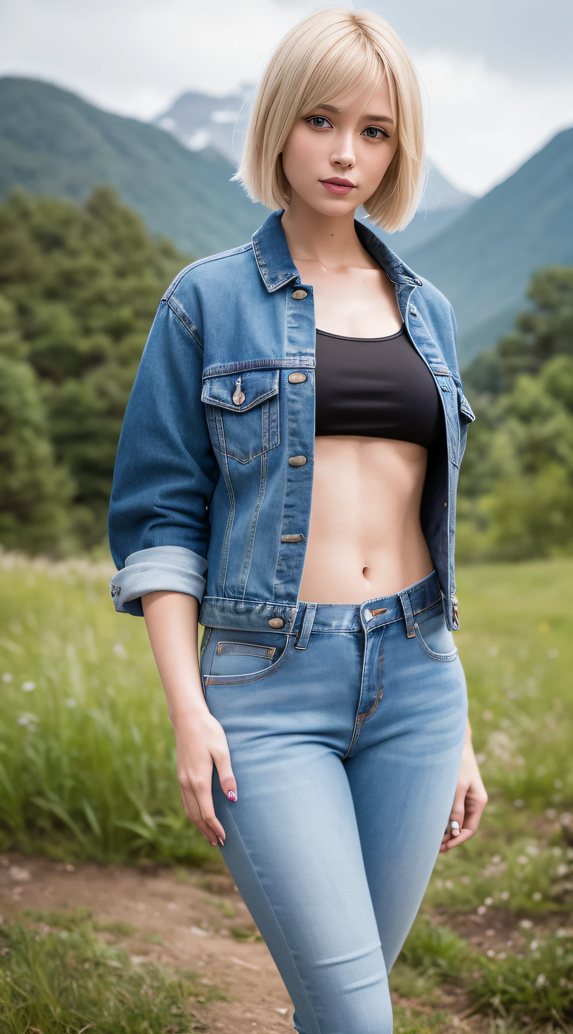 denim pants, denim jeans, denim jacket, smile, raw photo, one girl, german beauty, ??????, exquisite features, blonde bob cut, beautiful woman, 22 years old, attractive female body, light muscles, dynamism, streaks, lower breasts, constricted hips, 4k, HDR, realistic photos, realistic textures, tight skin, (realistic, photoreal: 1.4), meckles, Photos, raw photos, masterpieces, highly detailed photos, quality like taken with a DSLR camera, mountains, immersive, sweaty, butt sticking, models