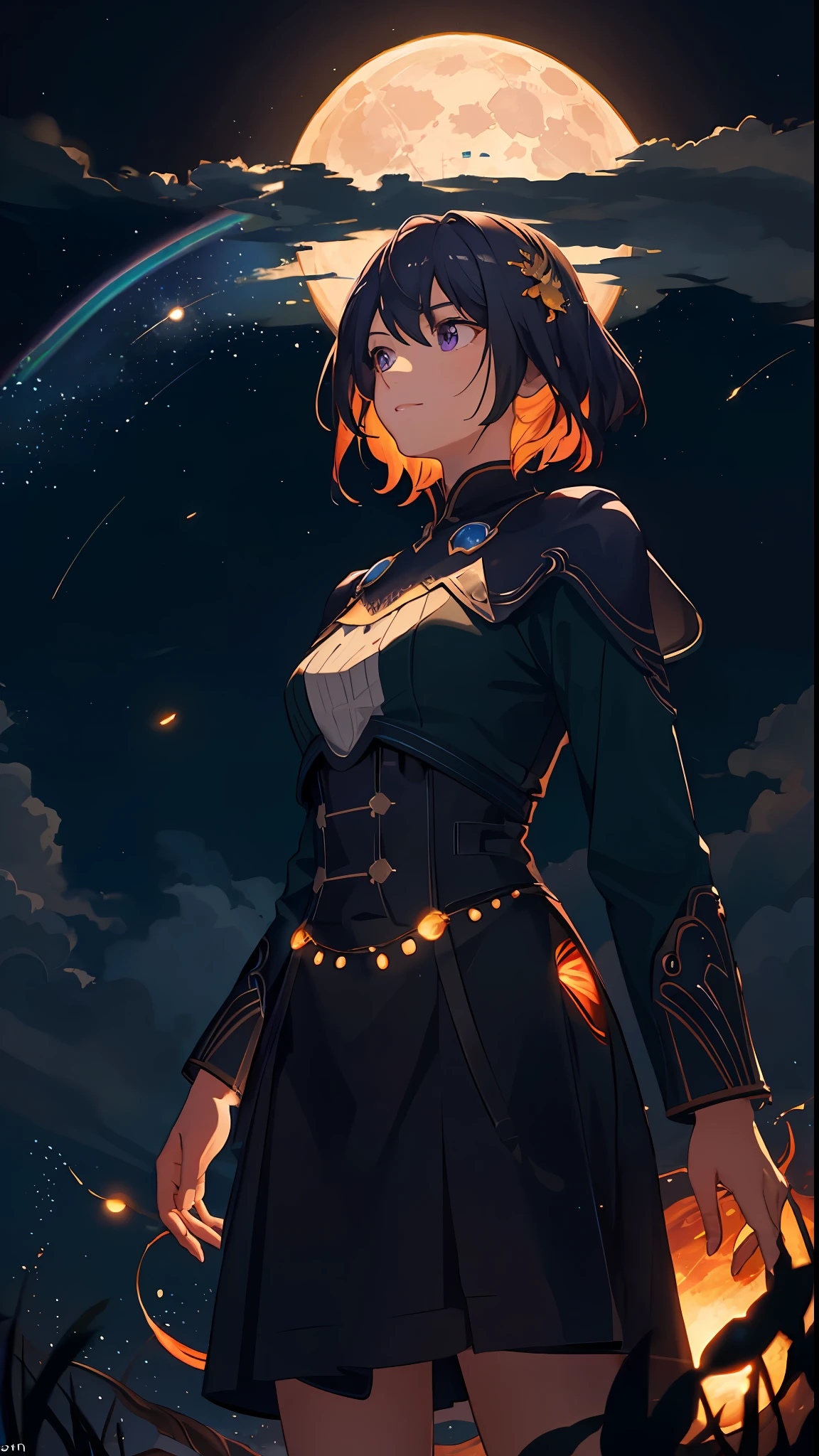 Vast landscape photo, (viewed from below, the sky is above and the open field is below), a girl standing on a flower field looking up, (full moon: 1.2), (meteor: 0.9), (nebula: 1.3), distant mountains , Trees BREAK Crafting Art, (Warm Light: 1.2), (Fireflies: 1.2), Lights, Lots of Purple and Orange, Intricate Details, Volumetric Lighting, Realism BREAK (Masterpiece: 1.2), (Best Quality), 4k, Ultra-Detailed, (Dynamic Composition: 1.4), Very Detailed, Colorful Details, (Rainbow Colors: 1.2), (Glow Lighting, Atmospheric Lighting), Dreamy, Magical, (Solo: 1.2)