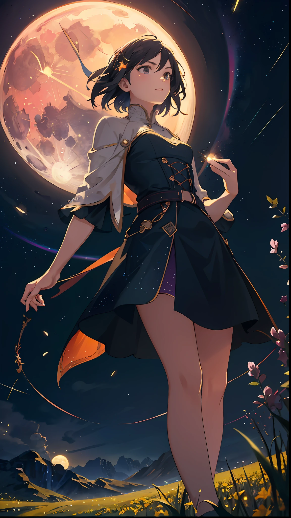 Vast landscape photo, (viewed from below, the sky is above and the open field is below), a girl standing on a flower field looking up, (full moon: 1.2), (meteor: 0.9), (nebula: 1.3), distant mountains , Trees BREAK Crafting Art, (Warm Light: 1.2), (Fireflies: 1.2), Lights, Lots of Purple and Orange, Intricate Details, Volumetric Lighting, Realism BREAK (Masterpiece: 1.2), (Best Quality), 4k, Ultra-Detailed, (Dynamic Composition: 1.4), Very Detailed, Colorful Details, (Rainbow Colors: 1.2), (Glow Lighting, Atmospheric Lighting), Dreamy, Magical, (Solo: 1.2)