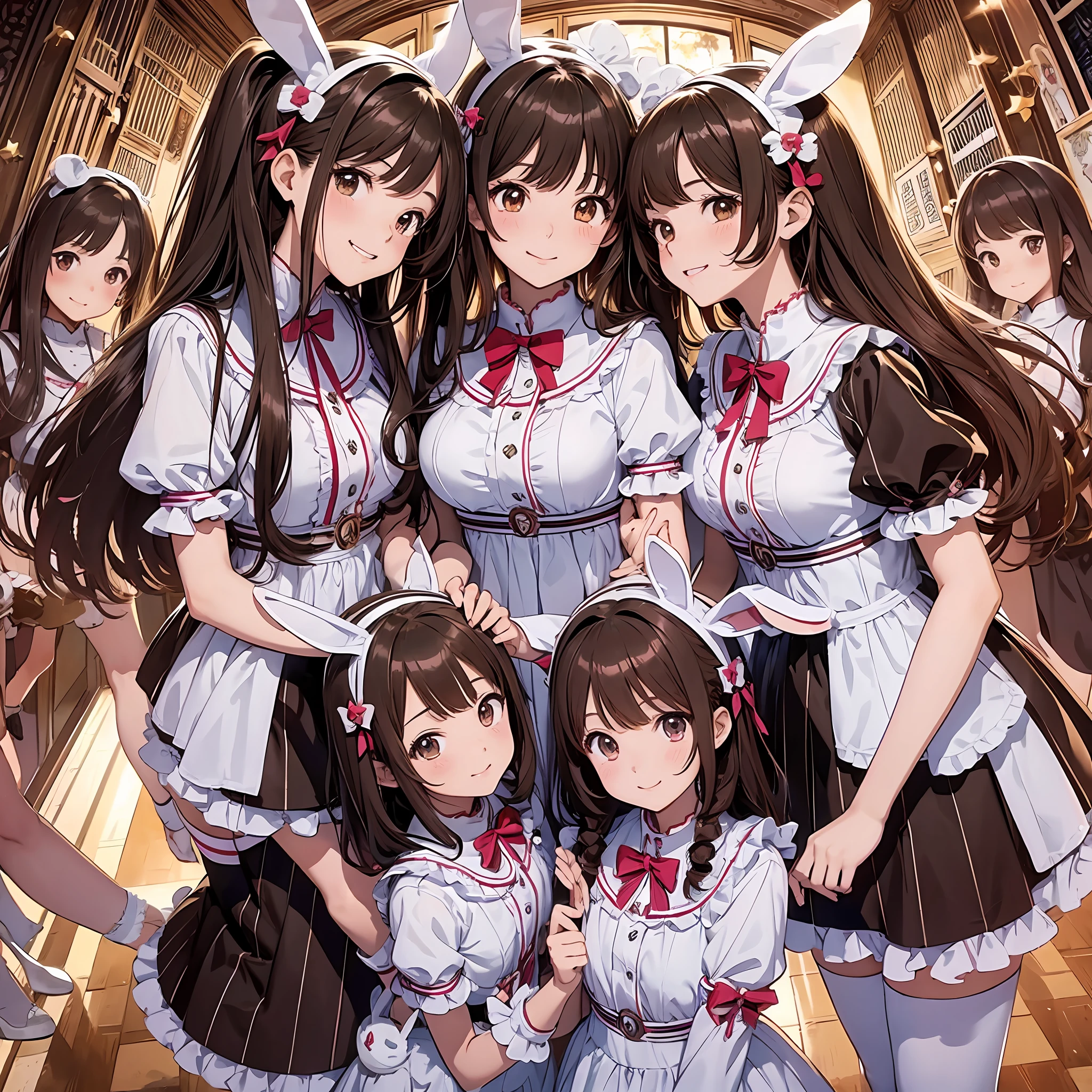 perfect anime illustration, identical septuplets, 7girls, clones, identical sisters, sisters crowded together, sisters in background, matching hairstyles, brown hair, curly hair, matching hairstyle, hazel eyes, smiling, ((bunnygirl uniform)), mansion, highres, full body