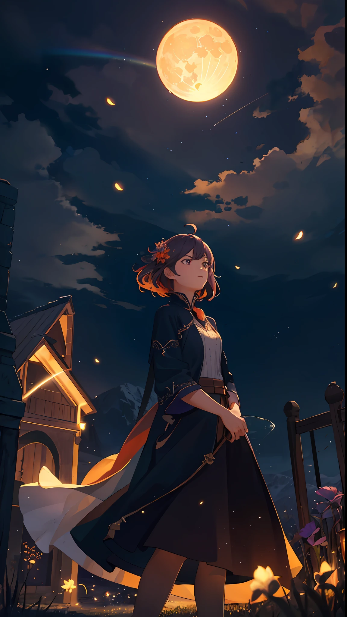 Vast landscape photo, (viewed from below, the sky is above and the open field is below), a girl standing on a flower field looking up, (full moon: 1.2), (meteor: 0.9), (nebula: 1.3), distant mountains , Trees BREAK Crafting Art, (Warm Light: 1.2), (Fireflies: 1.2), Lights, Lots of Purple and Orange, Intricate Details, Volumetric Lighting, Realism BREAK (Masterpiece: 1.2), (Best Quality), 4k, Ultra-Detailed, (Dynamic Composition: 1.4), Very Detailed, Colorful Details, (Rainbow Colors: 1.2), (Glow Lighting, Atmospheric Lighting), Dreamy, Magical, (Solo: 1.2)