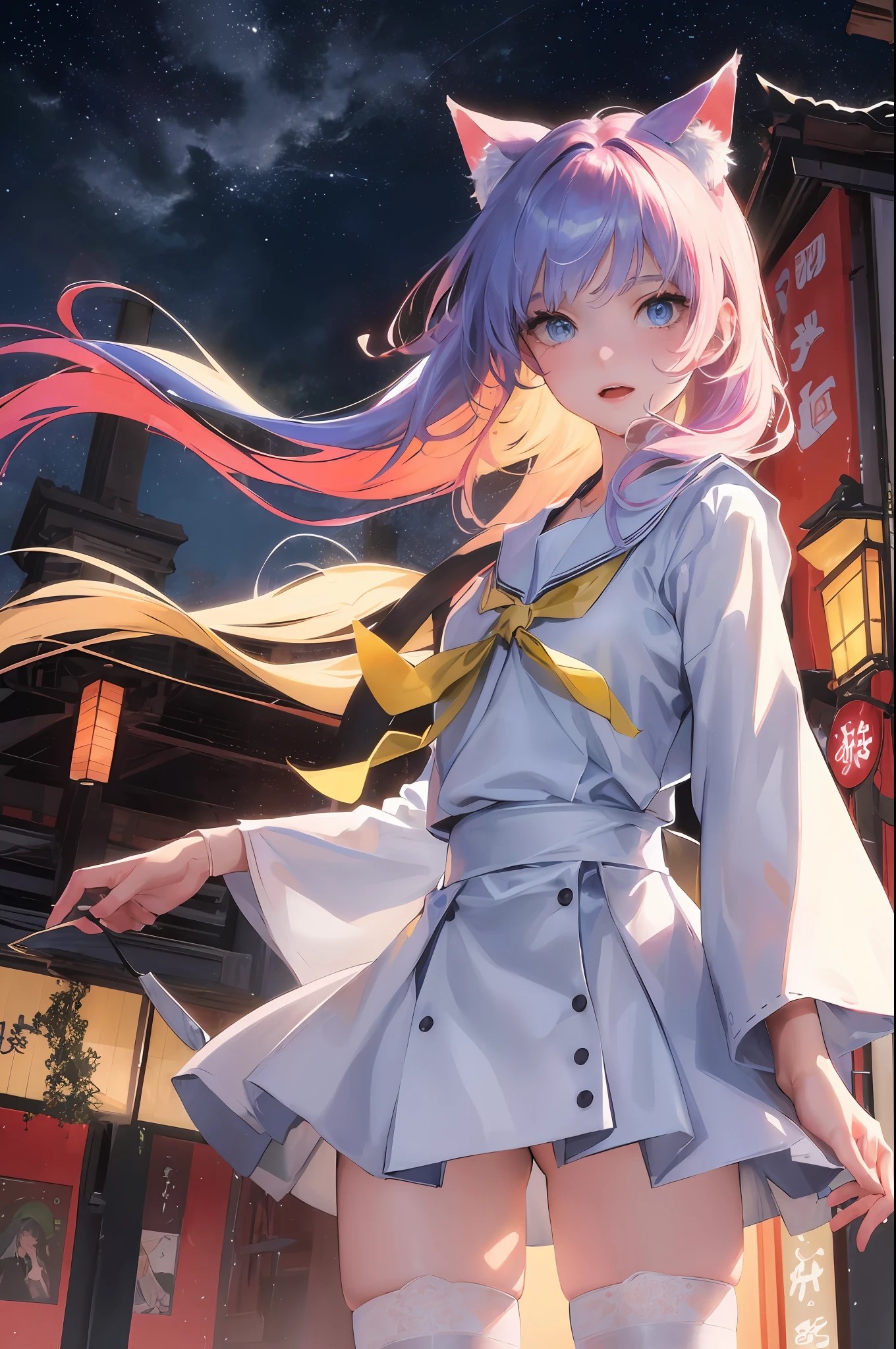 Official Art, Masterpiece, Sharp Focus, (Beautiful Gorgeous Cute Pretty Girl 1.3), Anime Pretty Girl, Delicate Beautiful Multicolored Hair, Delicately Beautiful Eyes and Face, Cat Ears on Head, (Wearing Japanese School Uniform and White Stockings), Laughing Emoji, (Standing at the Station), Realistic, Ultra-detailed, Beautiful Girl, Glowing White Particles, (Sidelighting: 1.2), Slender, Long Straight Hair, Dynamic Hair, Long Straight Hair, Glowing Blue Eyes, Hair Accessories, Epic Landscape,