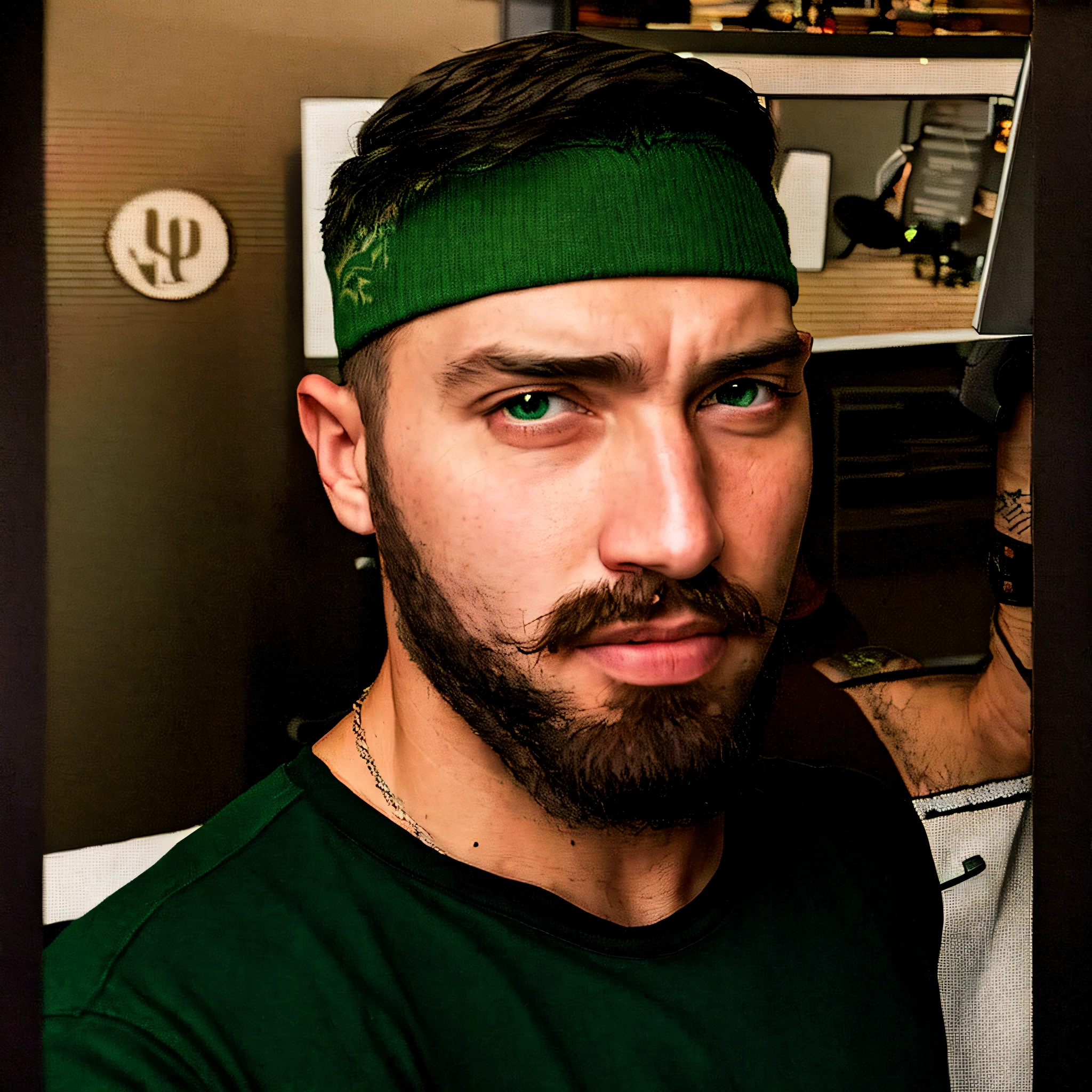 There's a man with a beard and mustache at a gamers event, tattooed, goatee, green eyes