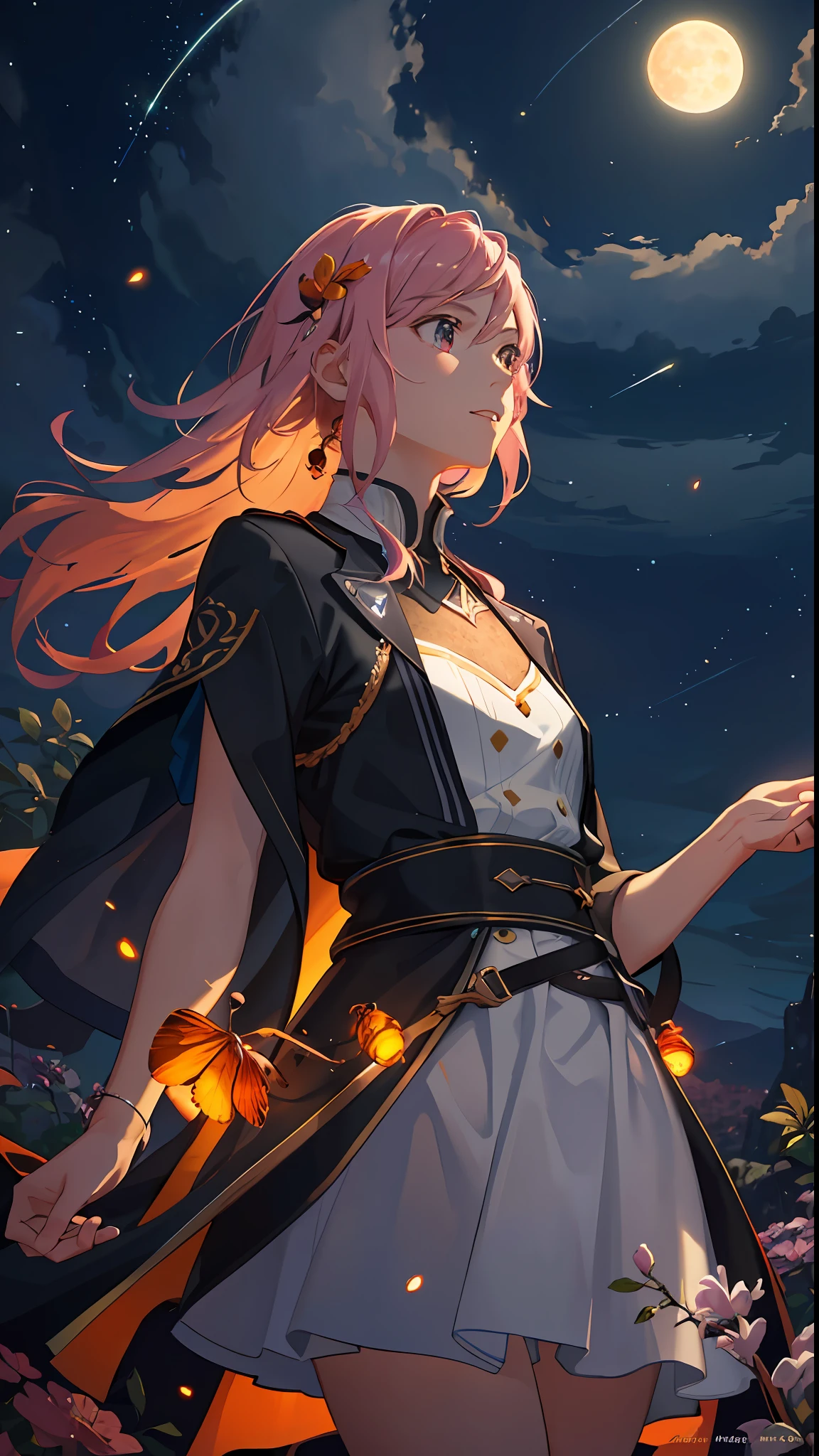 Vast landscape photo, (viewed from below, the sky is above and the open field is below), a girl standing on a flower field looking up, (full moon: 1.2), (meteor: 0.9), (nebula: 1.3), distant mountains , Trees BREAK Crafting Art, (Warm Light: 1.2), (Fireflies: 1.2), Lights, Lots of Purple and Orange, Intricate Details, Volumetric Lighting, Realism BREAK (Masterpiece: 1.2), (Best Quality), 4k, Ultra-Detailed, (Dynamic Composition: 1.4), Very Detailed, Colorful Details, (Rainbow Colors: 1.2), (Glow Lighting, Atmospheric Lighting), Dreamy, Magical, (Solo: 1.2)