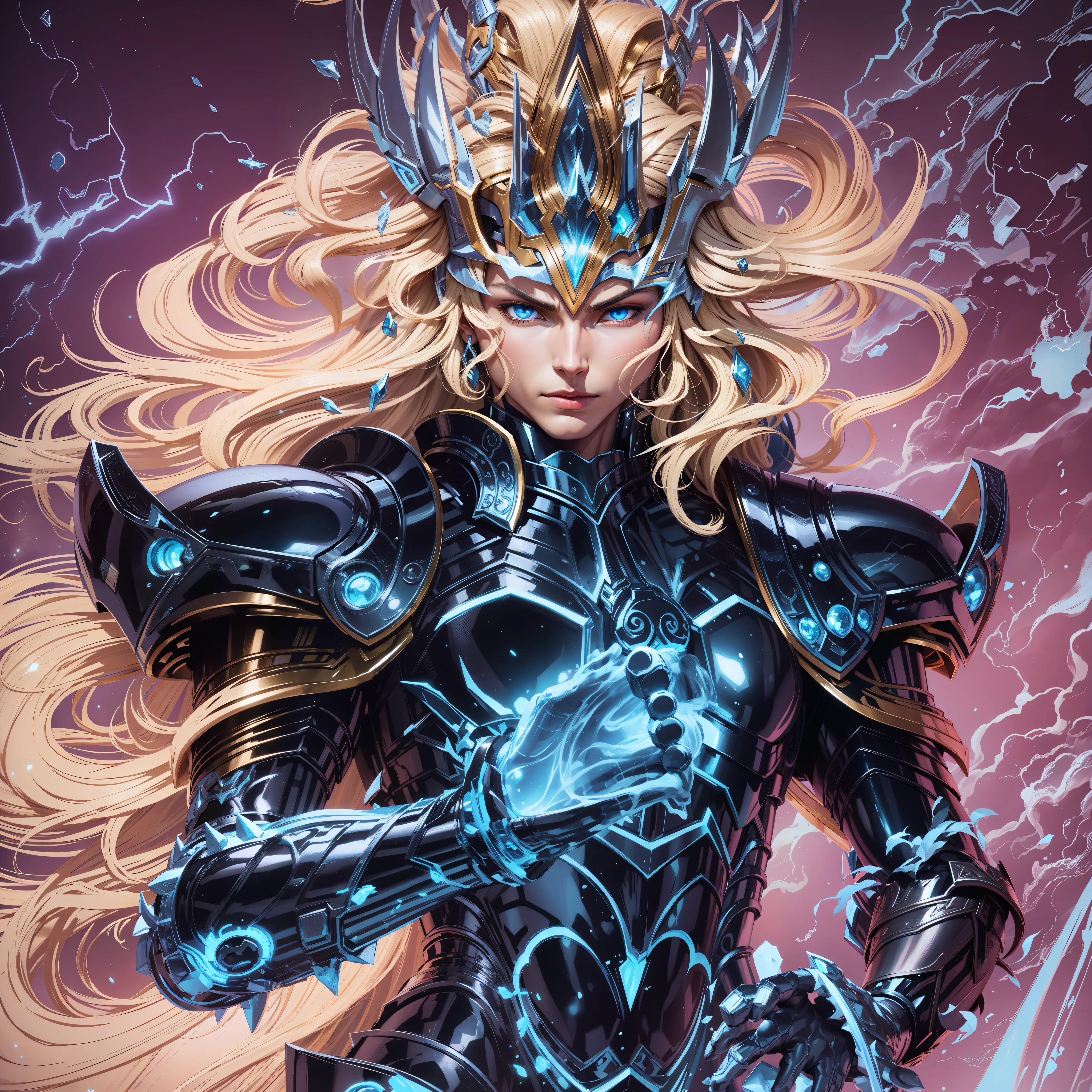 Hyoga Saint Seiya, designed Todd McFarlane style, white armor with blue, blue eyes, blond hair