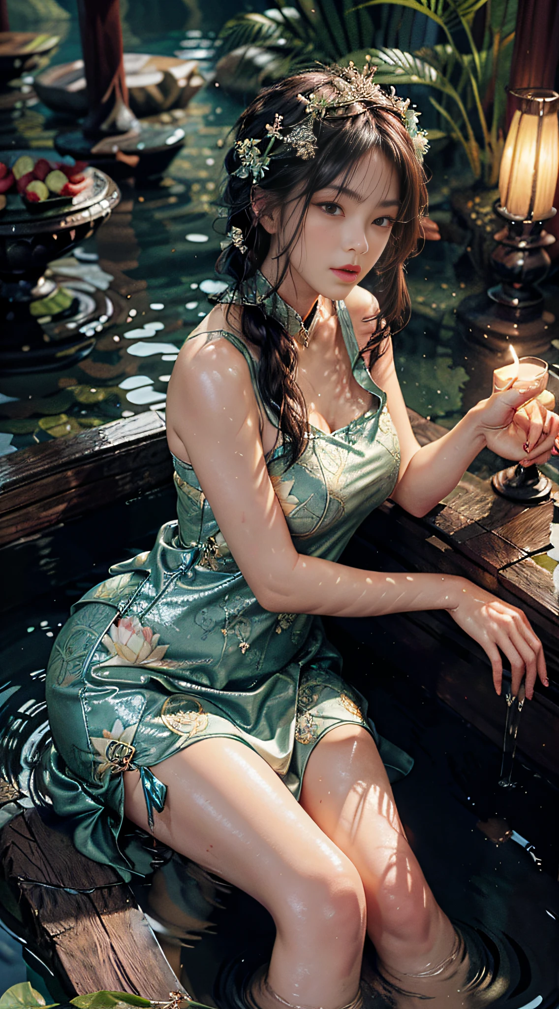 Sitting by a lake full of lotus flowers, feet playing in the water, the art depicts a charming woman with a melon face, dressed in a flowing, silky traditional oriental dress, long, aqua blue, decorated with intricate patterns and bright colors. Her dress drapes elegantly over her curvy figure, accentuating her seductive silhouette. She sits gracefully by the tranquil lotus lake, her feet playing in the water, bathed in the soft glow of the moonlight. The scene exudes an ethereal and dreamy atmosphere, with a touch of mystery and sexiness. The graphic style blends watercolor and digital illustration techniques to evoke a refined beauty and charm. The lights are filled with soft moonlight, casting soft highlights and shadows on her charming features. Bare thighs, big breasts, three-dimensional facial features, sitting, upturned legs, side braids