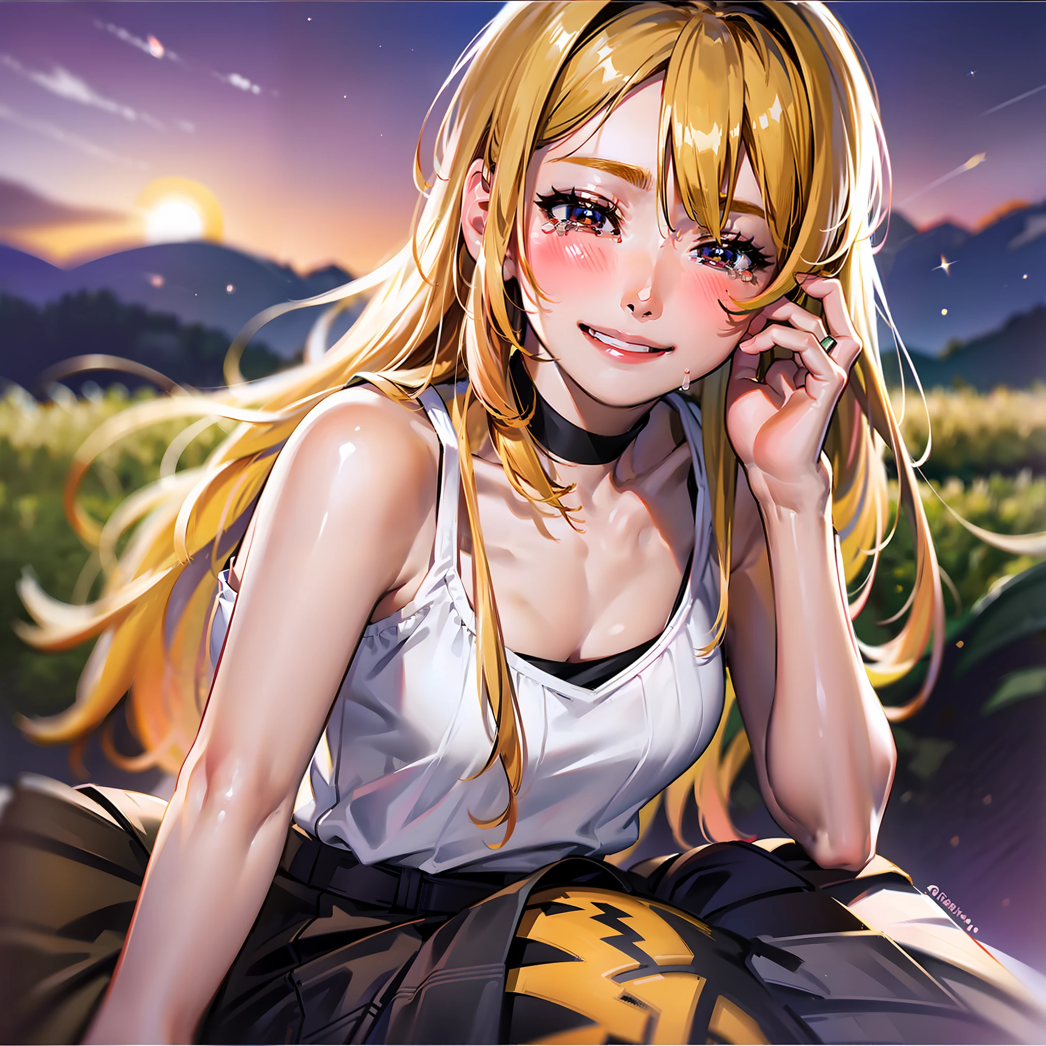 Top Quality, Best Masterpiece, 1 Woman, Solo, 20 years old, (Close Eyes: 1.4), Open Mouth, (sad Smile Crying: 1.4), Slouch, Healthy body, looking at the camera, long yellow hair, tank top with red lines on black, checked skirt, blush, evening, lots of rice fields, big sunset, choker,
