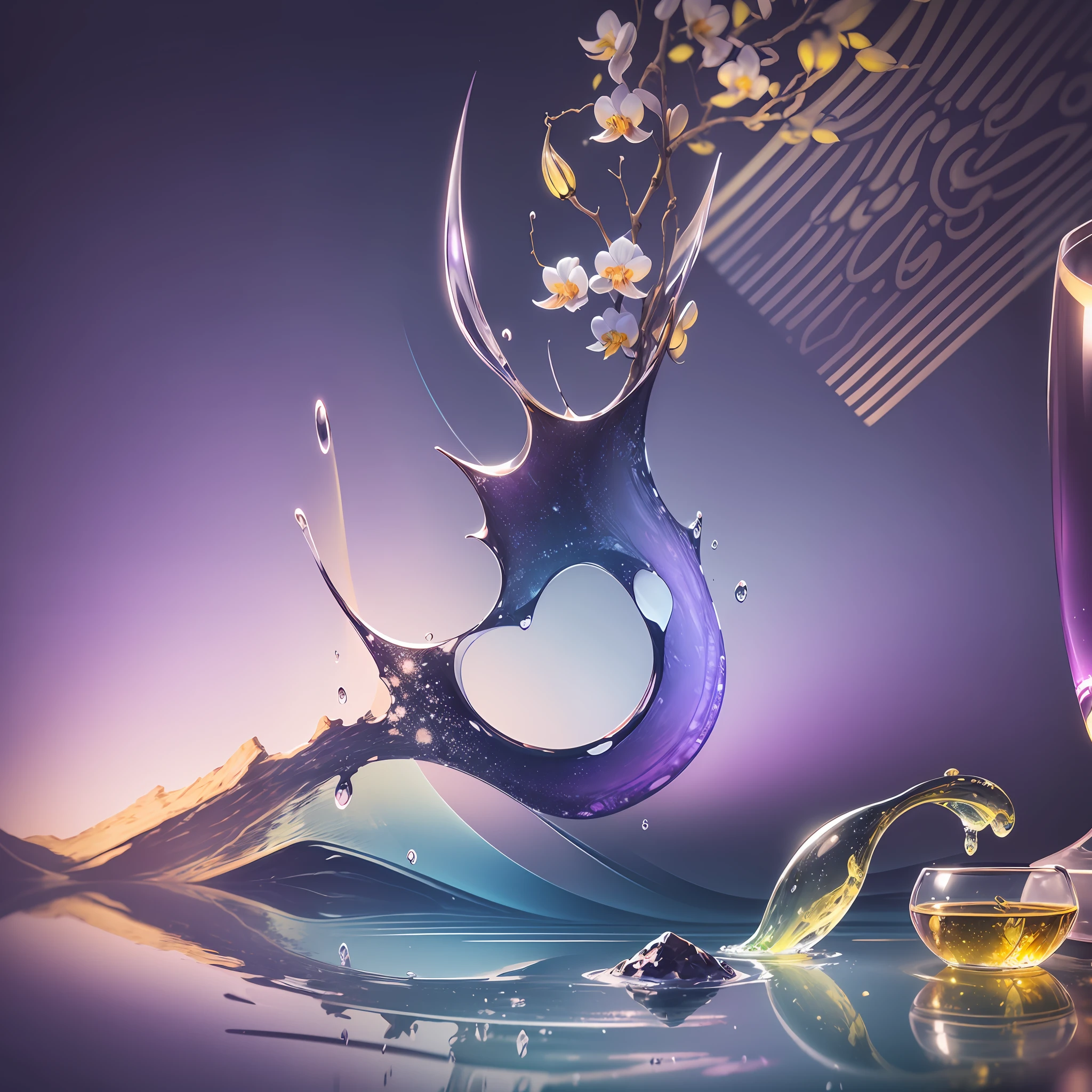 Computer Visualized Graphics, Realistic Fantasy, Extensive Landscape Ultrasound Photography (General View Showing Glass, Orchid, Water, Ice, Dew), Blurred Background, Gloomy, Yellow, Purple Background, Pink, Warm, Magic