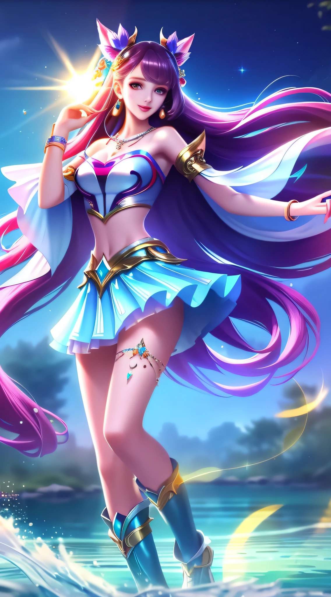 Highest quality, masterpiece, Ultra HD, a girl, wearing a transparent silk short skirt, beautiful face, wearing hair accessories, necklaces and jewelry, with long hair and earrings, stepping on a stream, splashing one after another, girl's coquettish smile, wet thighs and rounded feet, perfect toes, real feel, with edge lighting and two-tone lighting, highly detailed skin (weight 1.2), 8k UHD, DSLR camera capture, soft light, high quality, volumetric lighting, background bokeh.