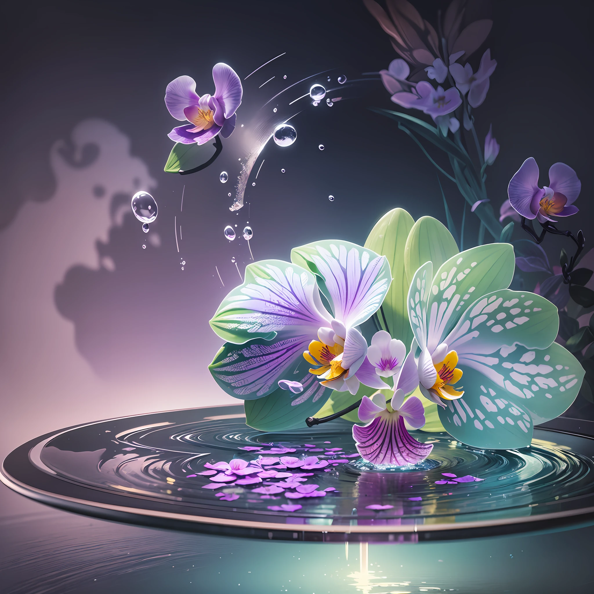 Computer Visualized Graphics, Realistic Fantasy, Extensive Landscape Ultrasound Photography (General View Showing Glass, Orchid, Water, Ice, Dew), Blurred Background, Gloomy, Yellow, Purple Background, Pink, Warm, Magic