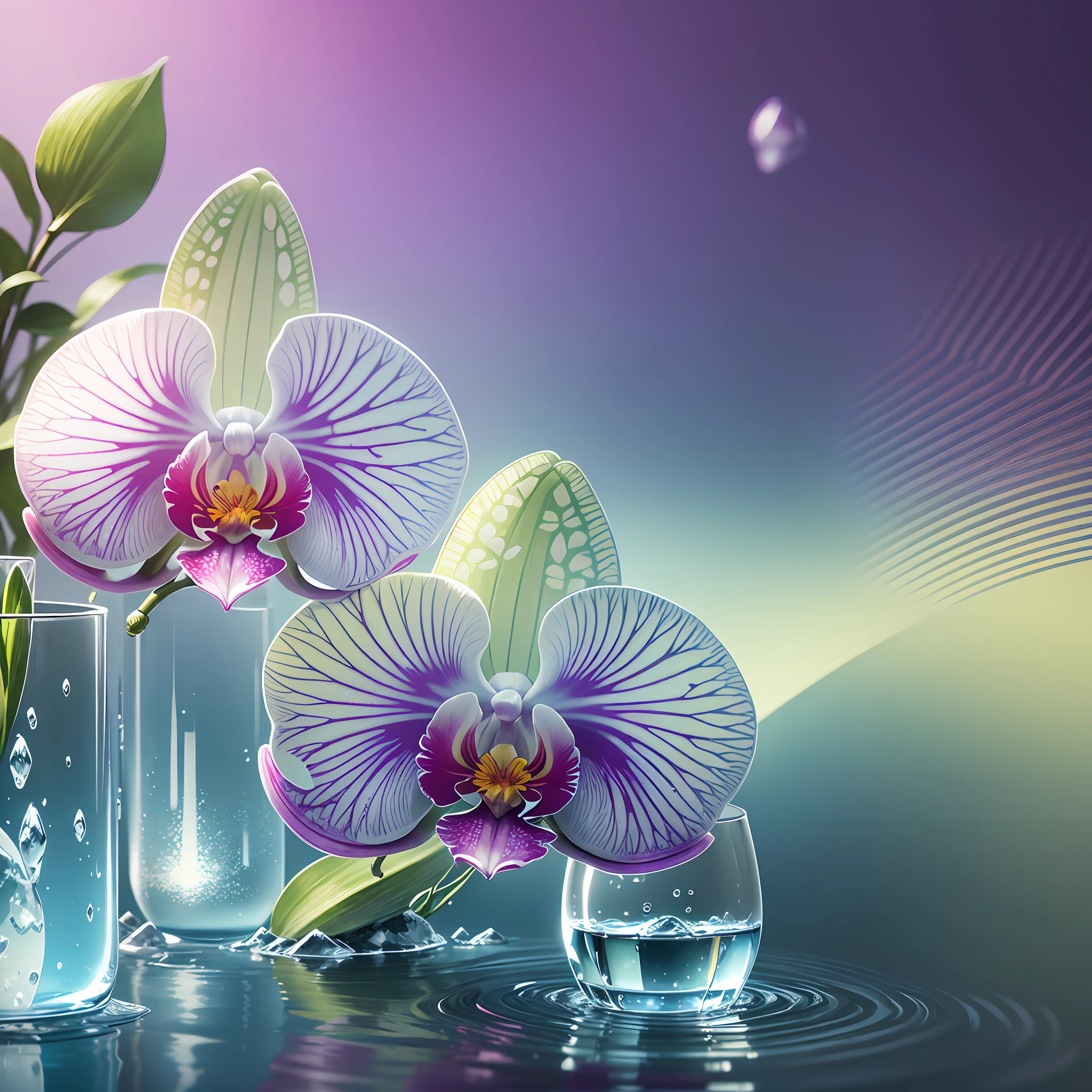 Computer Visualized Graphics, Realistic Fantasy, Extensive Landscape Ultrasound Photography (General View Showing Glass, Orchid, Water, Ice, Dew), Blurred Background, Gloomy, Yellow, Purple Background, Pink, Warm, Magic
