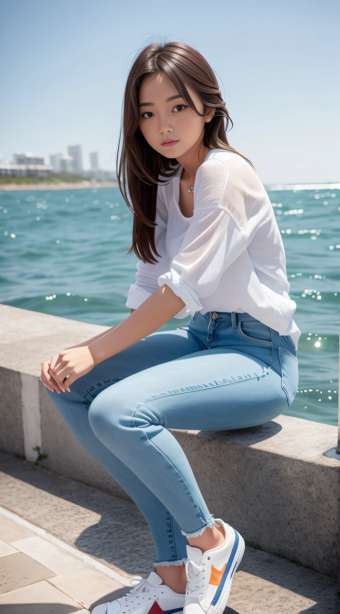A girl in a soaked white shirt, blue skinny denim trousers, sneakers sitting by the sea (front)