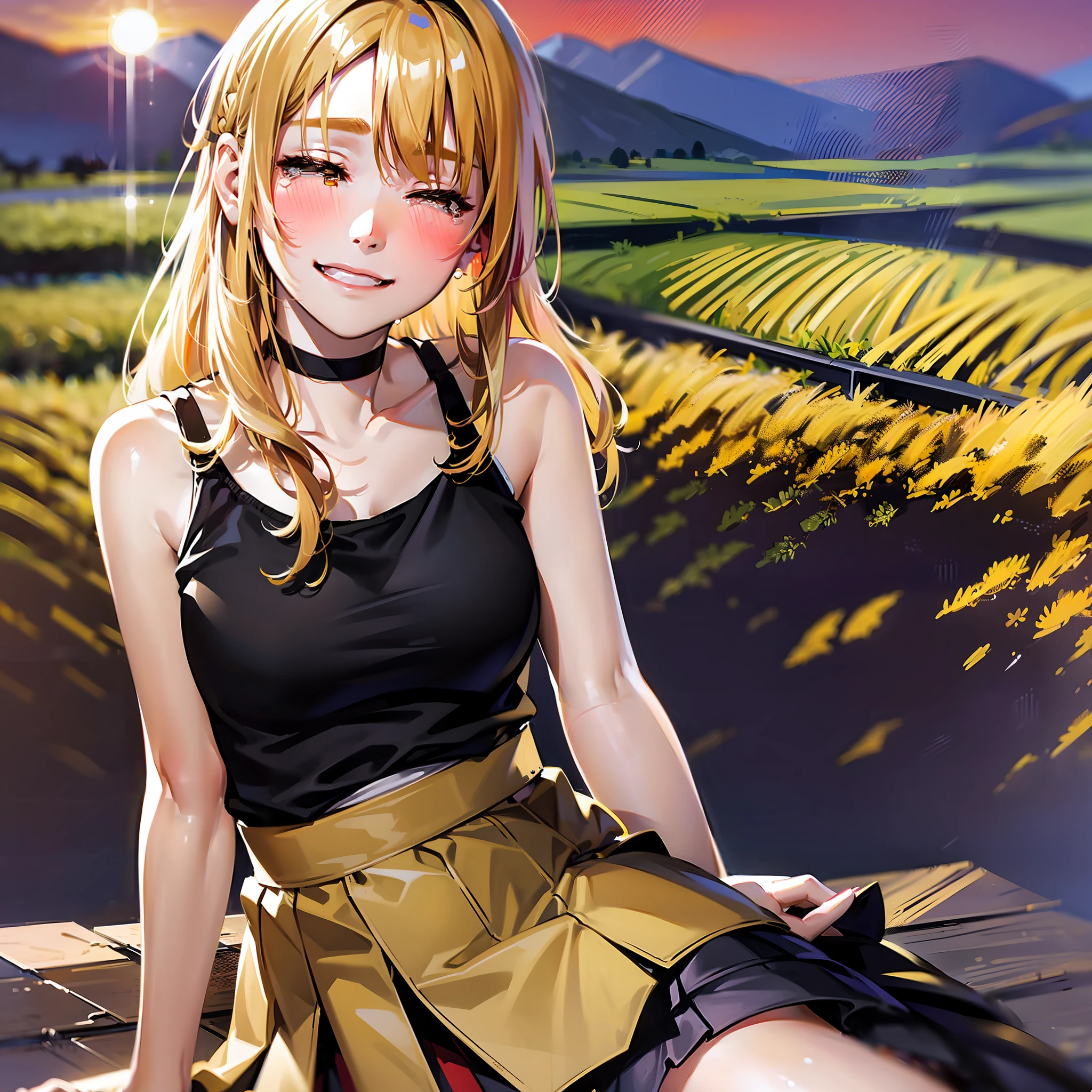 Top Quality, Best Masterpiece, 1 Woman, Solo, 20 years old, (Close Eyes: 1.4), Open Mouth, (sad Smile Crying: 1.4), Slouch, Healthy body, looking at the camera, long yellow hair, tank top with red lines on black, checked skirt, blush, evening, lots of rice fields, big sunset, choker,
