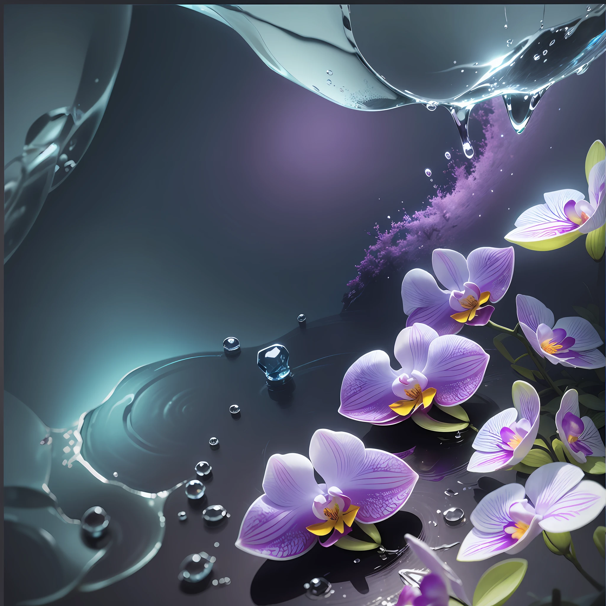 Computer Visualized Graphics, Realistic Fantasy, Extensive Landscape Ultrasound Photography (General View Showing Glass, Orchid, Water, Ice, Dew), Blurred Background, Gloomy, Yellow, Purple Background, Pink, Warm, Magic