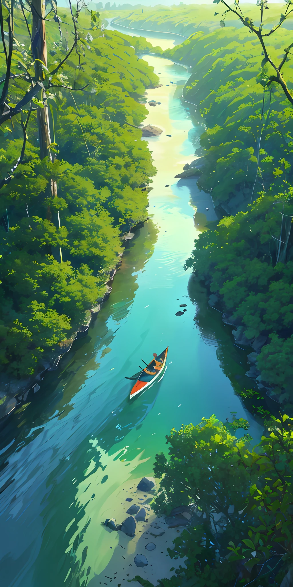Seen from the sky, the river winds with very clear, calm water, in the middle of it looks a traditional kayak, walking slowly, on the right and left of the river is a mangrove forest with a dominance of green, 8k wallpaper