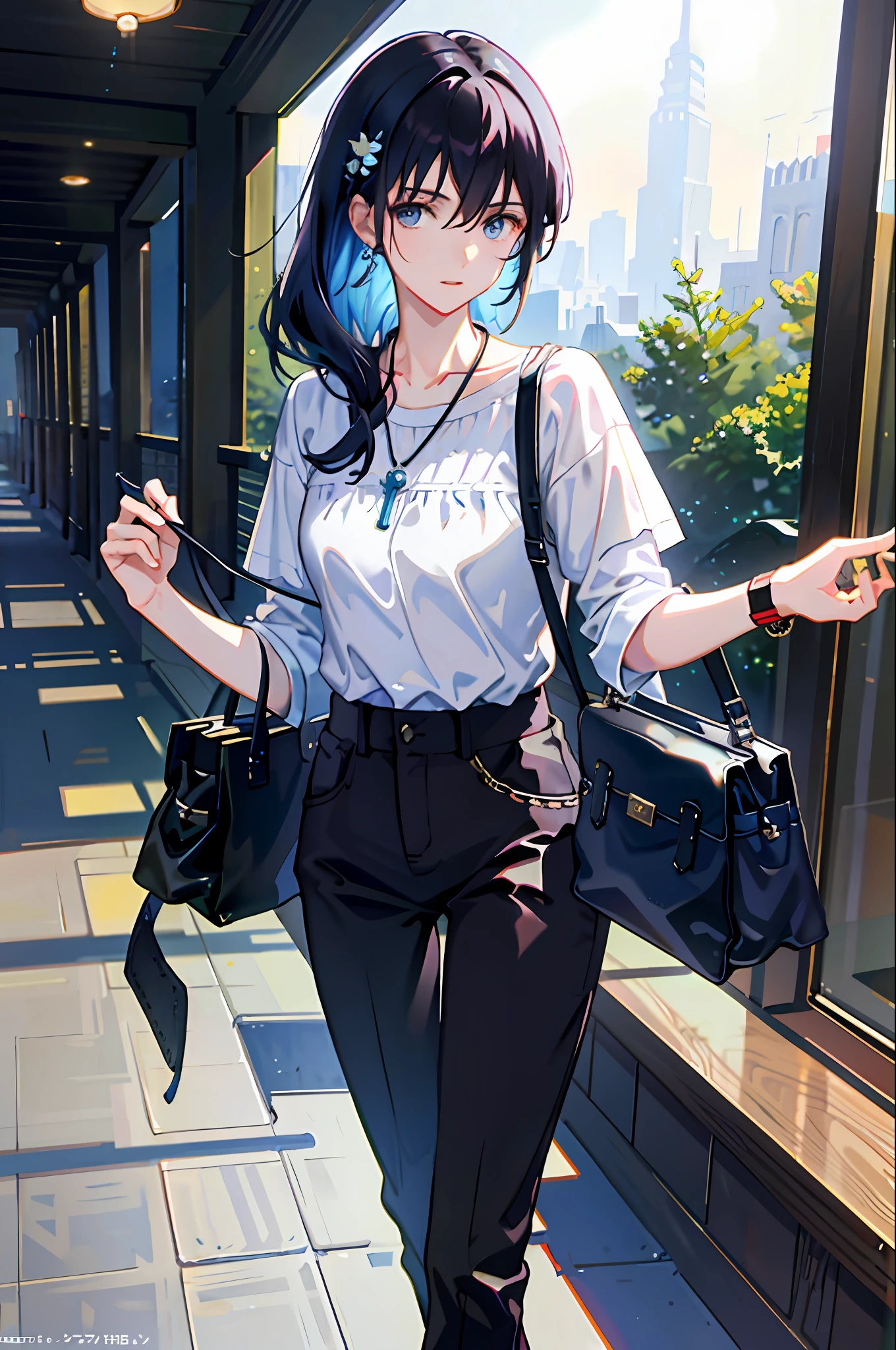 1boy, apple, bag, bangs, berry, Melaleuca hair, mullet , black shirt, blue eyes, hair between eyes, jewelry, leaf, looking at viewer, male focus, necklace, pants, shirt, solo, watch, white pants, wristwatch, messy hair, trending on artstation, 8k resolution, highly detailed, anatomically correct, sharp image, digital painting, concept art, trending on pixiv, style of makoto shinkai,