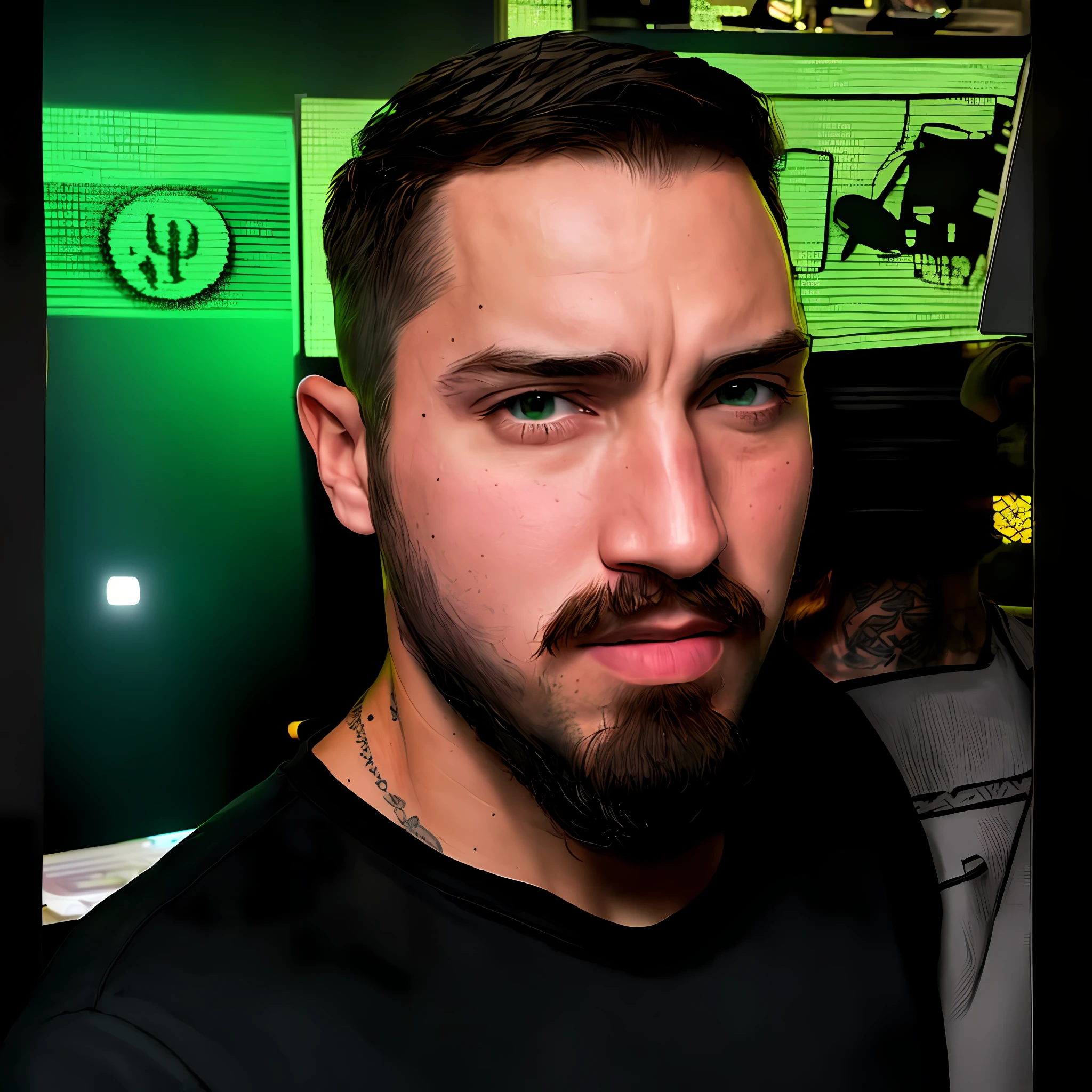 There's a man with a beard and mustache at a gamers event, tattooed, goatee, green eyes