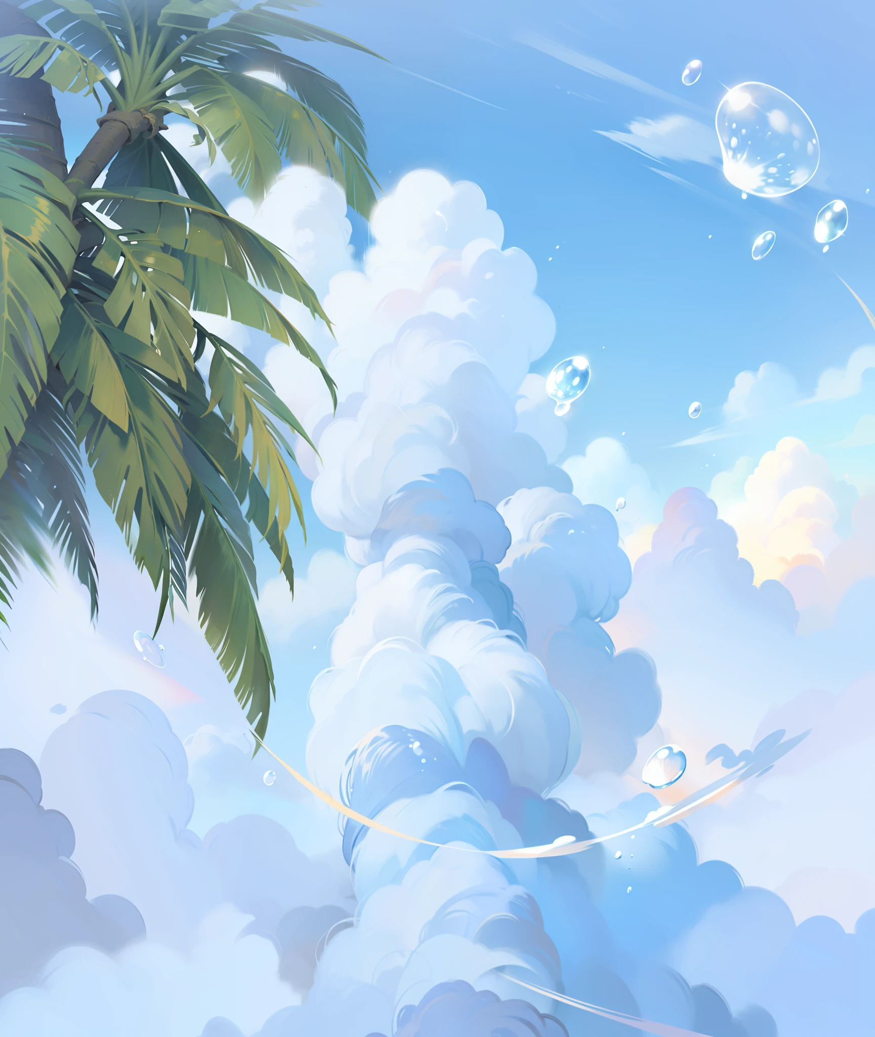 (Masterpiece, Top Quality, Best Quality, Official Art, Beauty and Aesthetics: 1.2), Very Detailed, Colorful, Most Detailed, Dreamy, Coconut Tree, Clouds, Bubbles