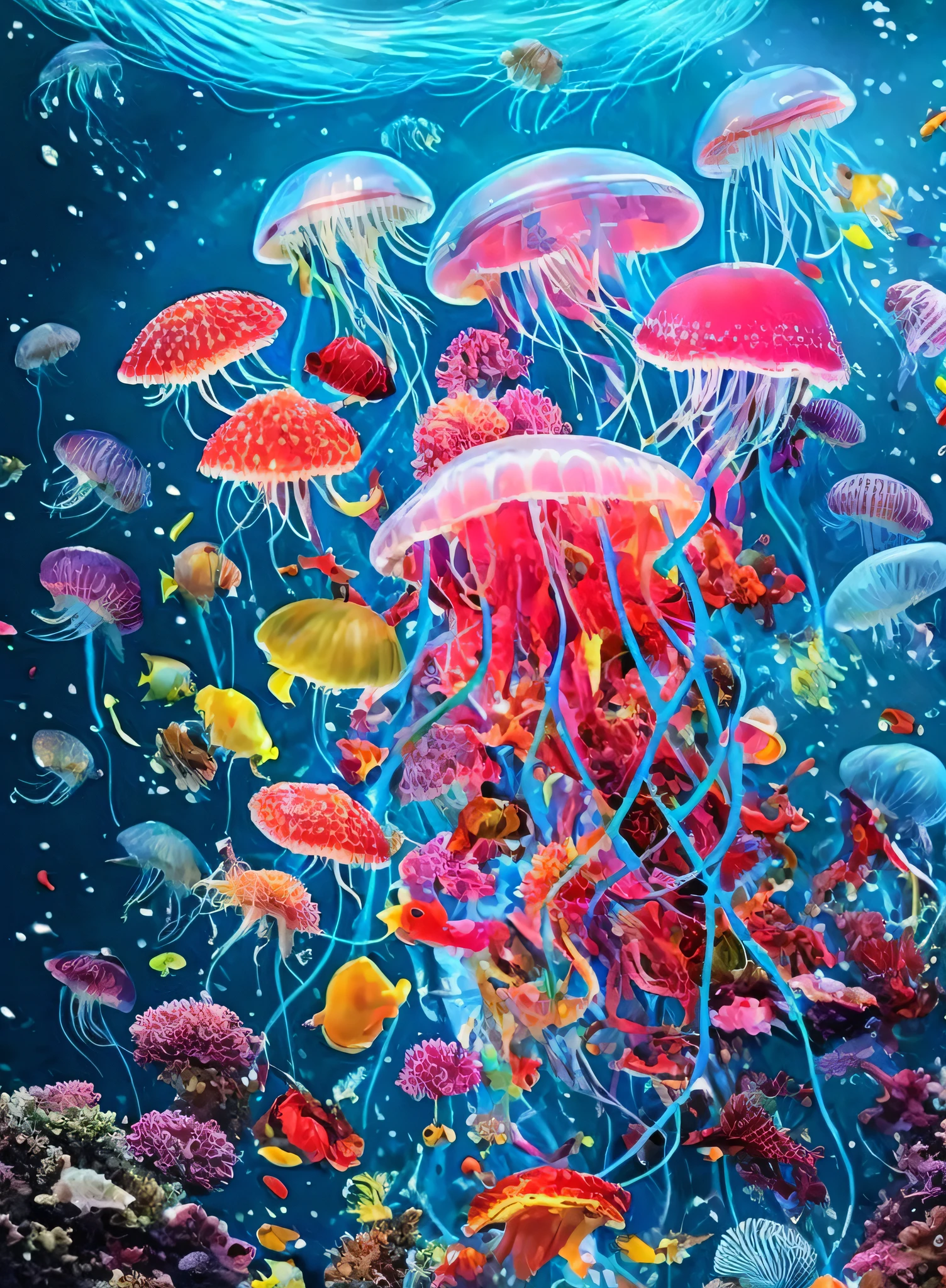 a painting of a jellyfish surrounded by many different fish, hamburger mix jellyfish, tropical sea creatures, jellyfishes, colorful fish, jelly fishes, jewel fishes, jelly fish, underwater life, underwater world, jellyfish temple, incredible depth, under the sea, lisa - frank, amazing depth, sea like jelly, jelly fish dancing, sea creatures, neon jellyfish, jellyfish