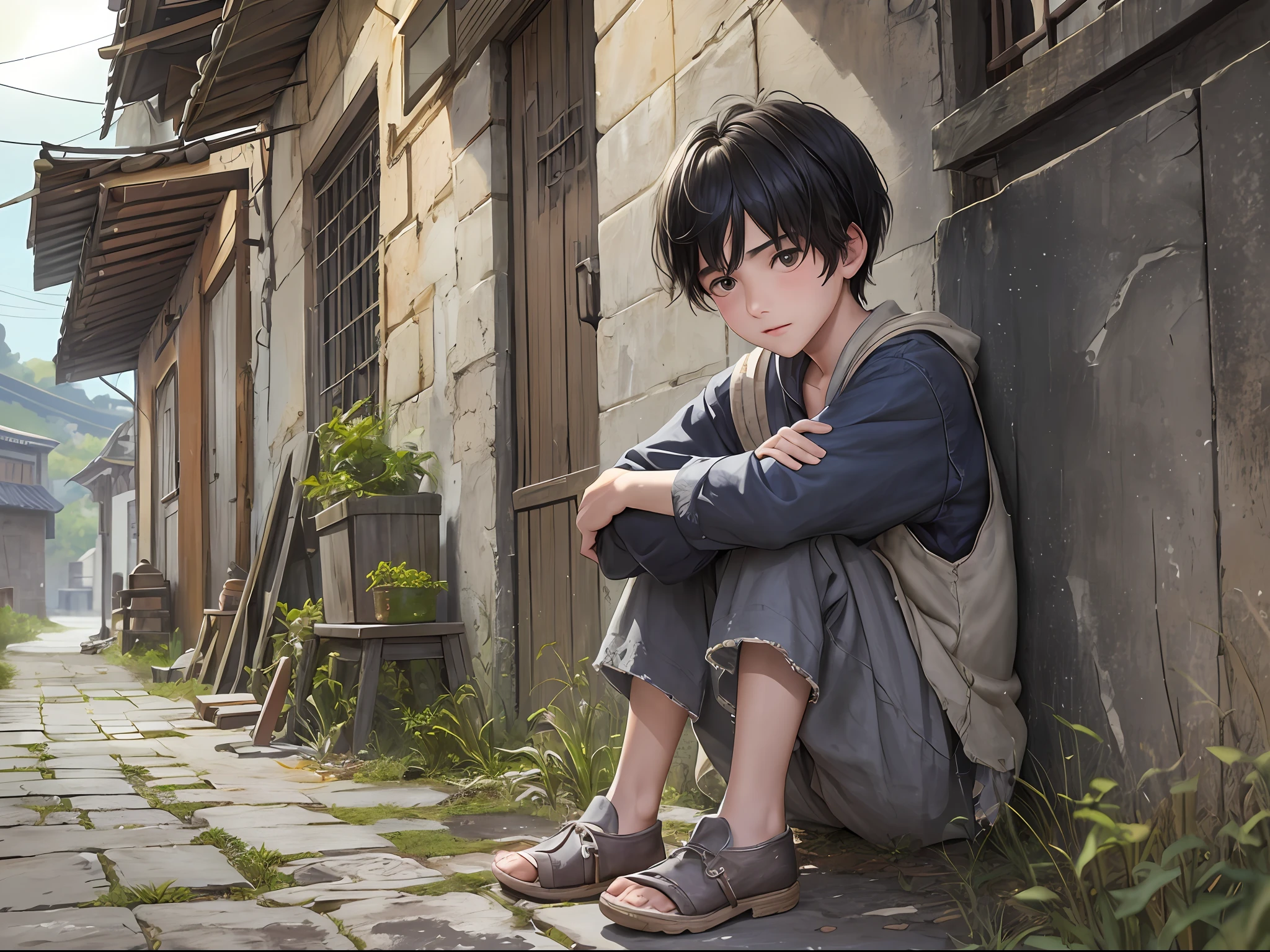 1 boy, 14 years old, shabby clothes, sitting at the entrance of the village, sitting on a stone, dirty face, shabby clothes, giggle, a lot of shabby houses, dull eyes ((ultra-realistic details)), Chinese Republic of China style, global illumination, short black hair, shabby clothes, sloppy, 8k, a pair of bright eyes