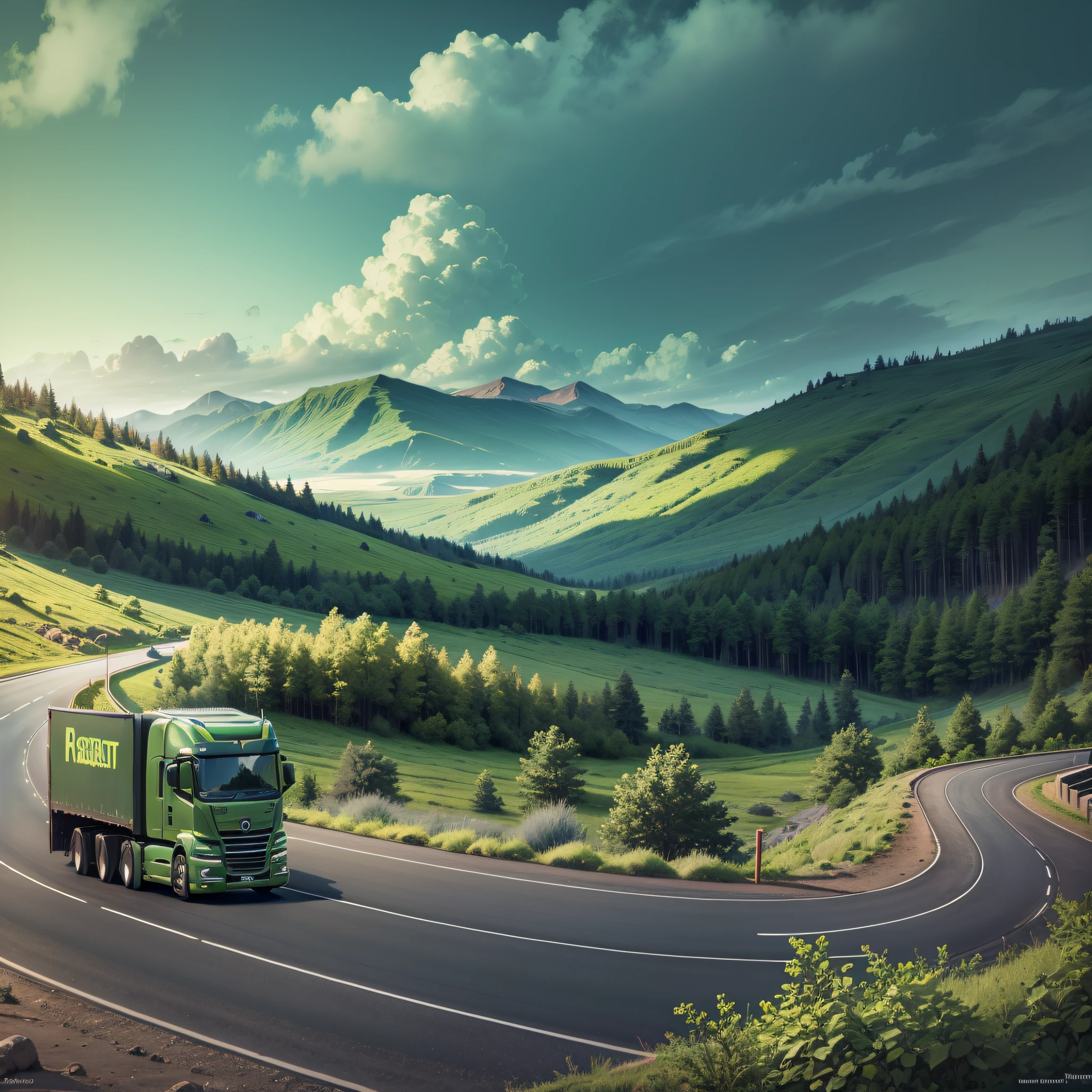 Hyper realistic beautiful landscape with road and truck with driver in (((cabin color green))) --auto --s2