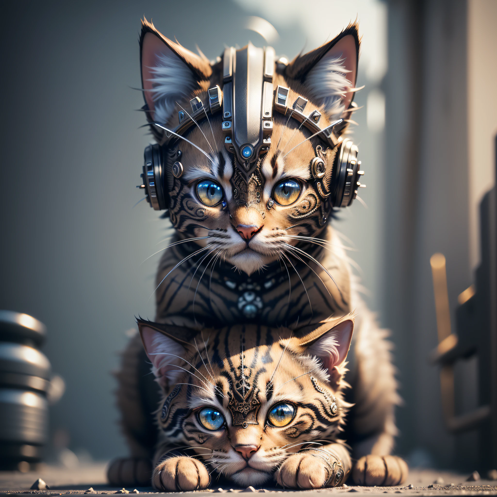 ((Best quality)), ((masterpiece)), (detailed: 1.4), 3D, a cute kitten made of metal, cyborg, cyberpunk style, (((intricate details)), hdr, ((intricate details, hyperdetailed)), cinematic shot, vignette, on the moon