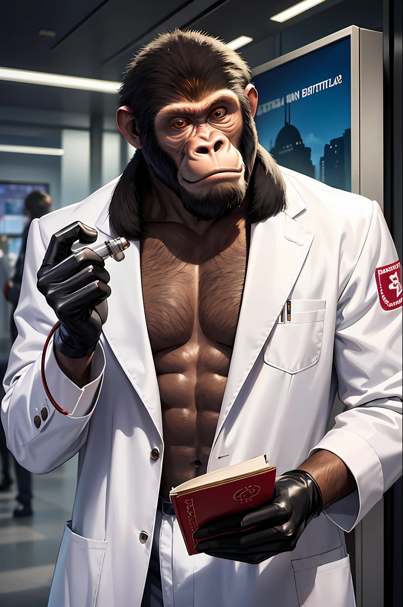 masterpiece, best quality, realistic , elegant monkey, doctor monkey, gorilla, blur, book, cable, cyberpunk, rubber gloves, in white coat, syringe in hand, solo,