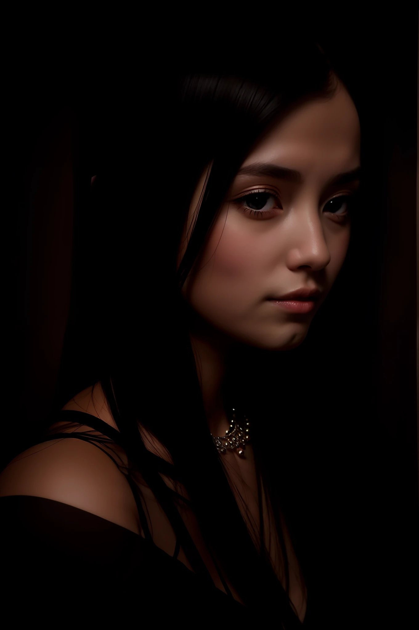 Photorealistic, portrait of beautiful woman, close-up, black hair, saturnine features, wearing black dress, (faint smile), thoughtful expression, jeweled necklace, black background, facing camera, candlelight, chiaroscuro, bloom, 8K, best quality, ultradetailed, uhd, dslr, dark studio, best shadow, high contrast, high quality, film grain, Fujifilm XT3, modelshoot style