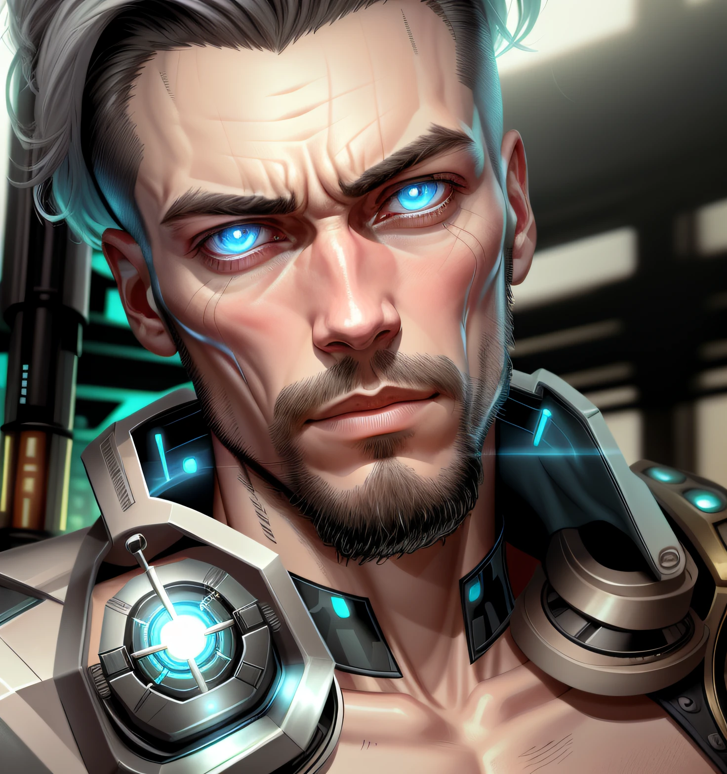 A cybernetic man in the range of 27 years old, muscular stereotype, with cowboy hat (mechanical parts: 1.5), fighting, bright eyes, short hair, tight supersuit torn, in a destroyed city, smoke and fire, aura of brilliant power, dynamic pose, dynamic vision, hyper detailed, 8k quality, with tattoo on the arm, mechanical roman watch on the chest, merge images,  hyper realism. Enjoy original photo base, mechanical and human bust. With gray goatee and gray hair.