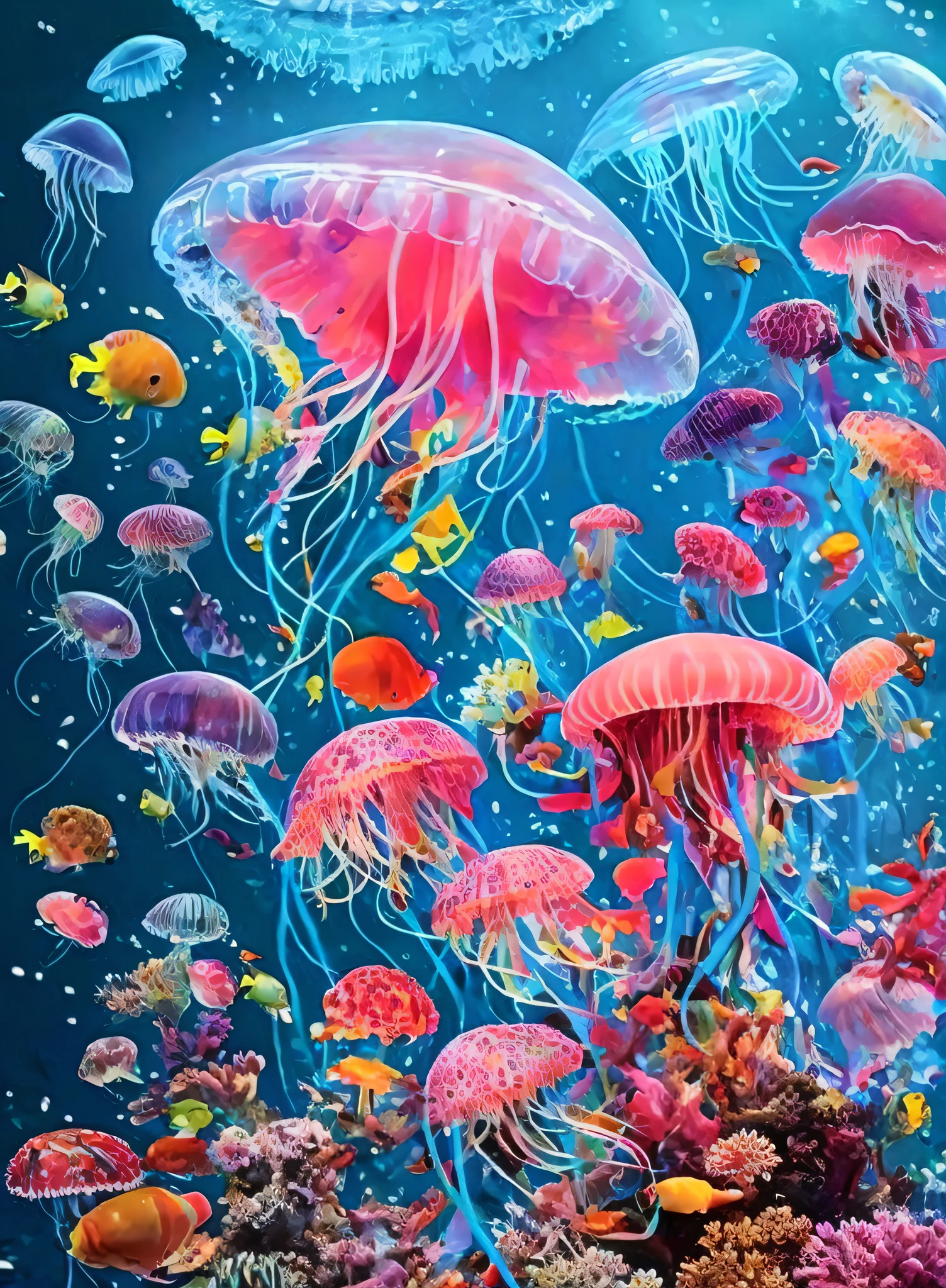 a painting of a jellyfish surrounded by many different fish, hamburger mix jellyfish, tropical sea creatures, jellyfishes, colorful fish, jelly fishes, jewel fishes, jelly fish, underwater life, underwater world, jellyfish temple, incredible depth, under the sea, lisa - frank, amazing depth, sea like jelly, jelly fish dancing, sea creatures, neon jellyfish, jellyfish