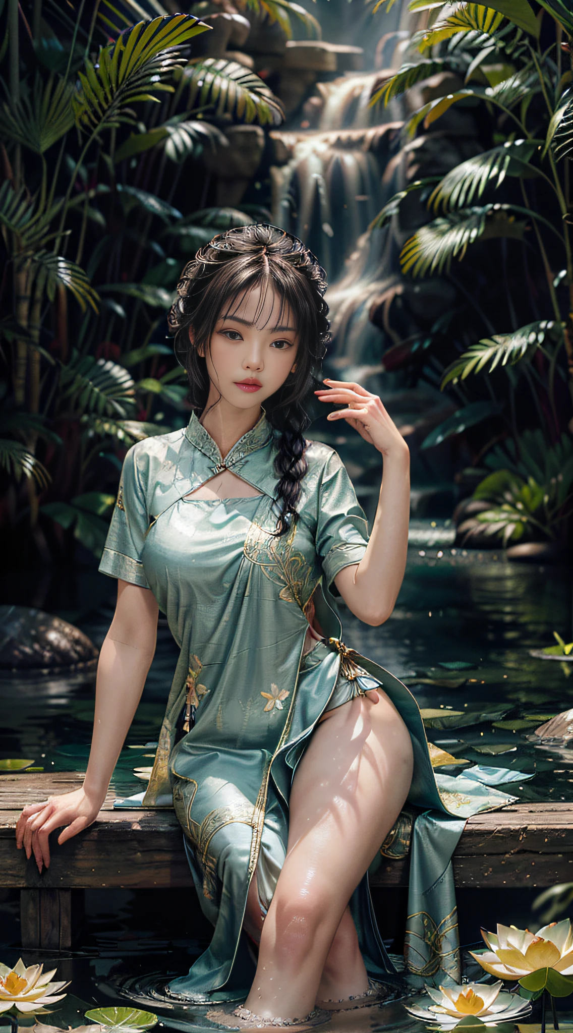 Sitting by a lake full of lotus flowers, feet playing in the water, the art depicts a charming woman with a melon face, dressed in a flowing, silky traditional oriental dress, long, aqua blue, decorated with intricate patterns and bright colors. Her dress drapes elegantly over her curvy figure, accentuating her seductive silhouette. She sits gracefully by the tranquil lotus lake, her feet playing in the water, bathed in the soft glow of the moonlight. The scene exudes an ethereal and dreamy atmosphere, with a touch of mystery and sexiness. The graphic style blends watercolor and digital illustration techniques to evoke a refined beauty and charm. The lights are filled with soft moonlight, casting soft highlights and shadows on her charming features. Bare thighs, big breasts, three-dimensional facial features, sitting, upturned legs, side braids