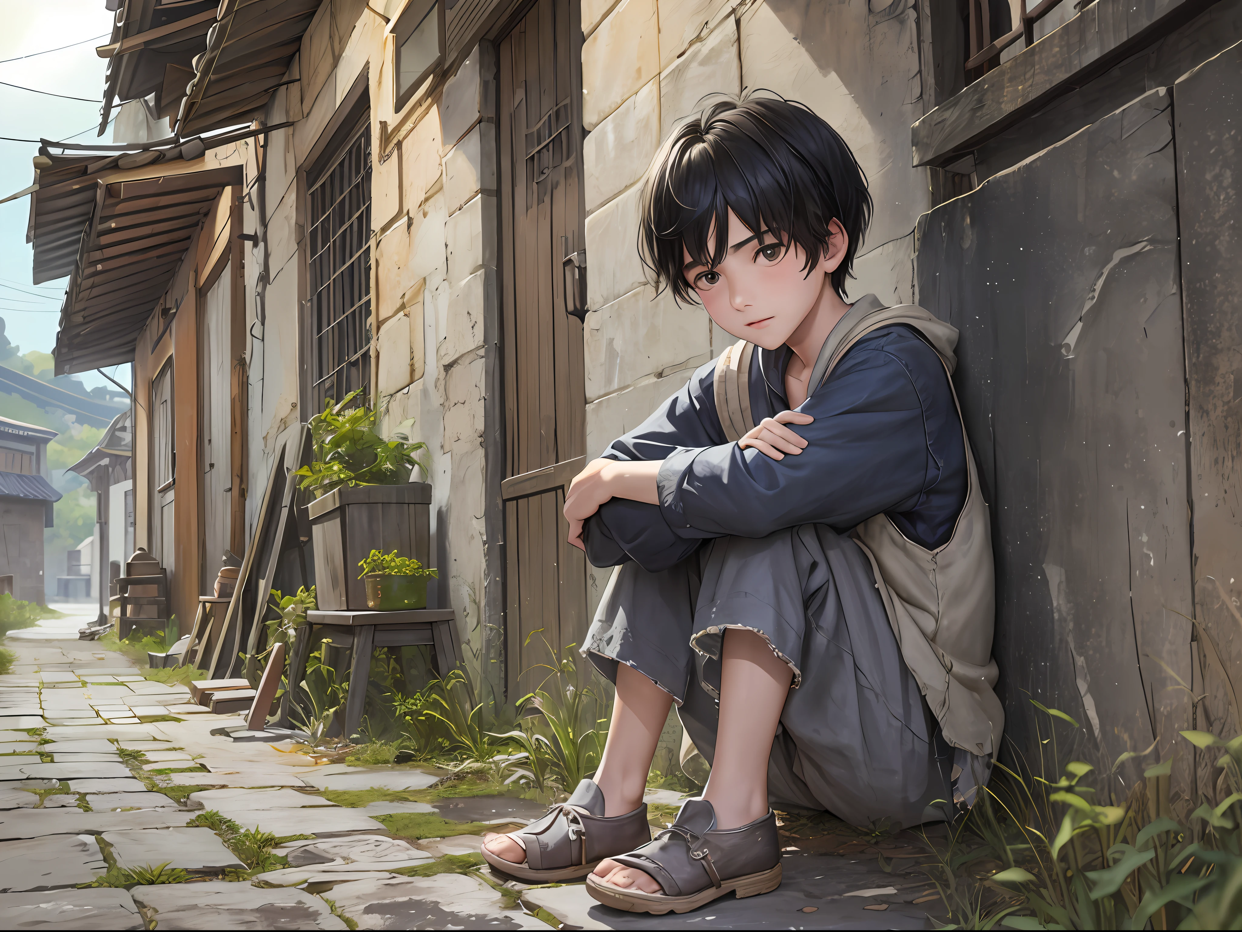 1 boy, , shabby clothes, sitting at the entrance of the village, sitting on a stone, dirty face, shabby clothes, giggle, a lot of shabby houses, dull eyes ((ultra-realistic details)), Chinese Republic of China style, global illumination, short black hair, shabby clothes, sloppy, 8k, a pair of bright eyes