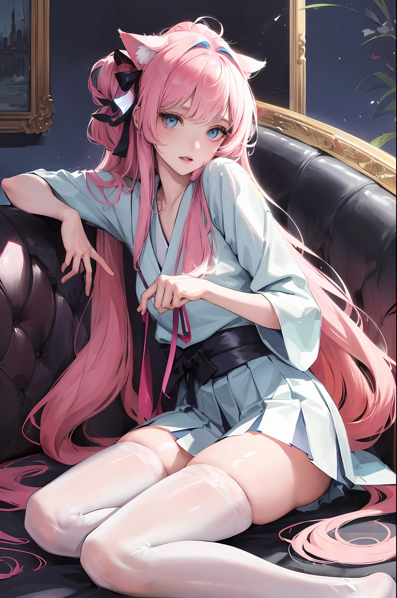 Official Art, Masterpiece, Sharp Focus, (Beautiful Gorgeous Cute Pretty Girl 1.3), Anime Pretty Girl, Delicately Beautiful Multicolored Hair, Delicately Beautiful Eyes and Face, Cat Ears on Head, (Wearing Japanese School Uniform and White Stockings), Laughing Expression, (Kneeling on the Sofa), Realistic, Ultra-detailed, Beautiful Girl, Glowing White Particles, (Sidelighting: 1.2), Slender, Long Straight Hair, Dynamic Hair, Long Straight Hair, Glowing Blue Eyes, Hair Accessories, Epic Landscape,