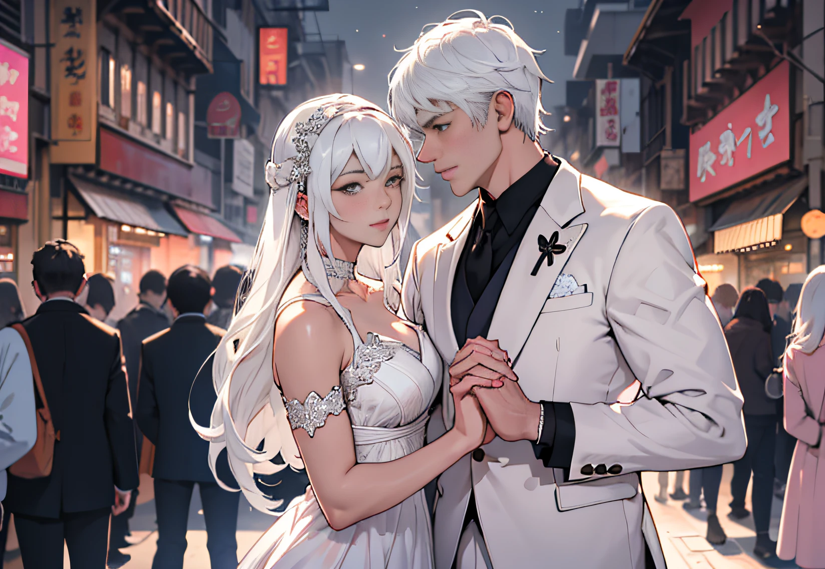 Masterpiece, best quality, realistic, super detailed, portrait of a young man under a bustling night scene, white hair white suit and pink dress young woman holding hands standing together, a match made in heaven